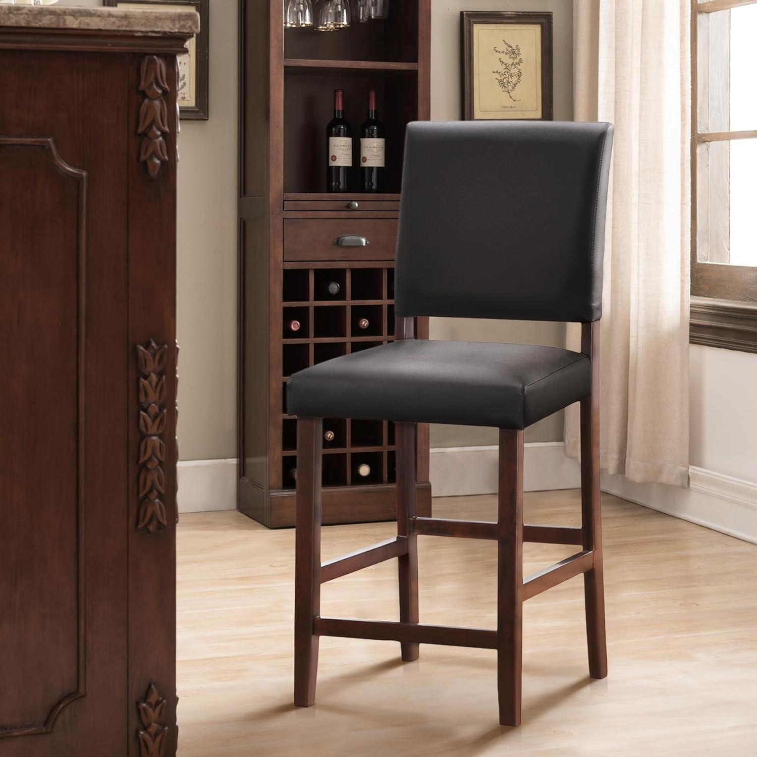 imageBrax Upholstered Back Counter Height Stools Set of 2 Ebony Faux Leather Seat Brown Solid Wood Base Comfortable Modern Bar Stools for Kitchen Counters and Islands Leick Home 10086CPEB