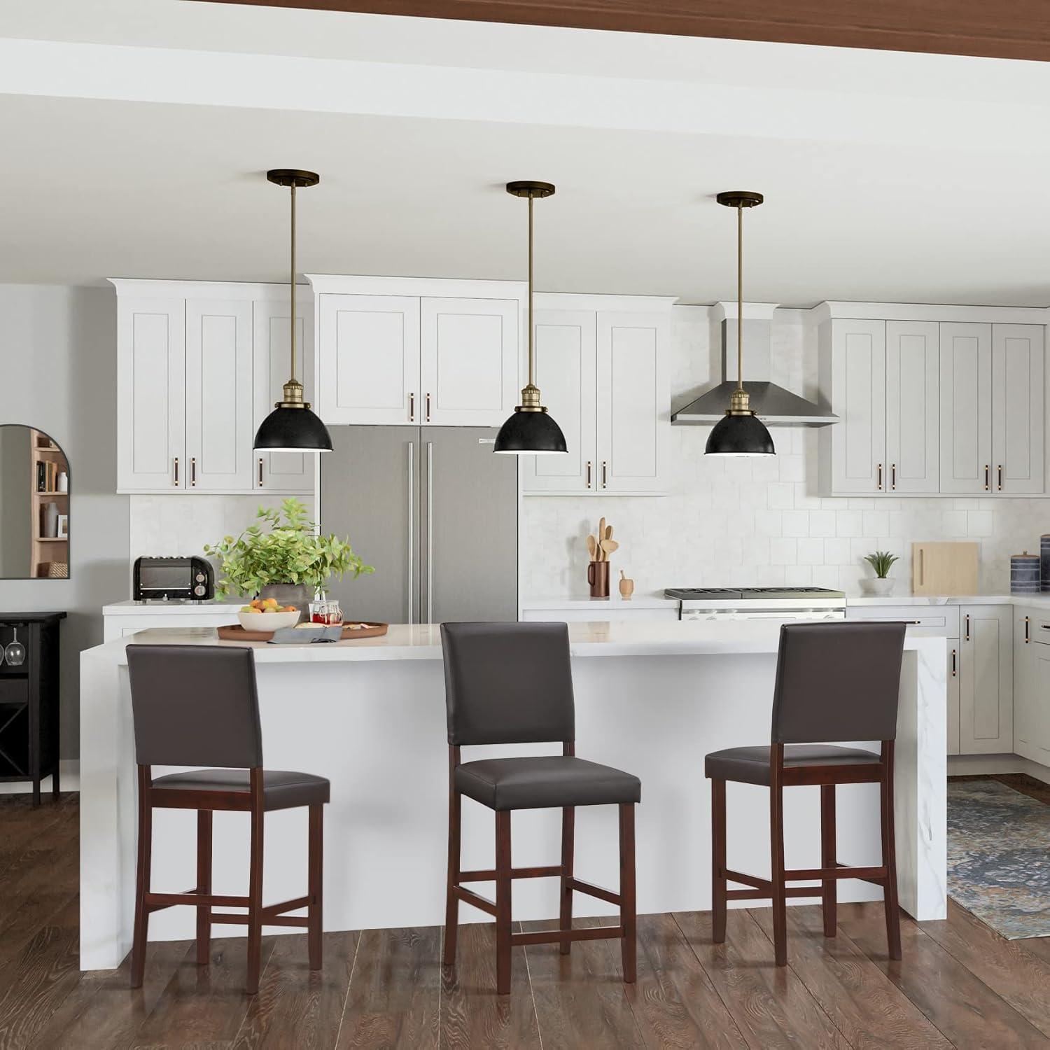 imageBrax Upholstered Back Counter Height Stools Set of 2 Ebony Faux Leather Seat Brown Solid Wood Base Comfortable Modern Bar Stools for Kitchen Counters and Islands Leick Home 10086CPEB
