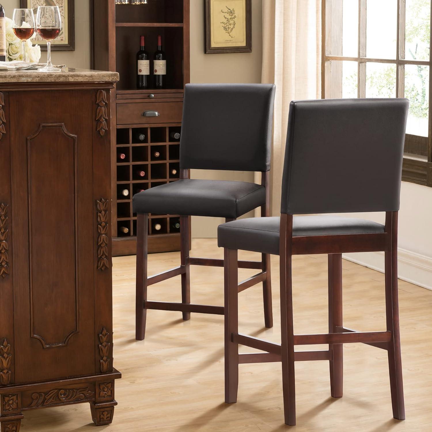 imageBrax Upholstered Back Counter Height Stools Set of 2 Ebony Faux Leather Seat Brown Solid Wood Base Comfortable Modern Bar Stools for Kitchen Counters and Islands Leick Home 10086CPEB