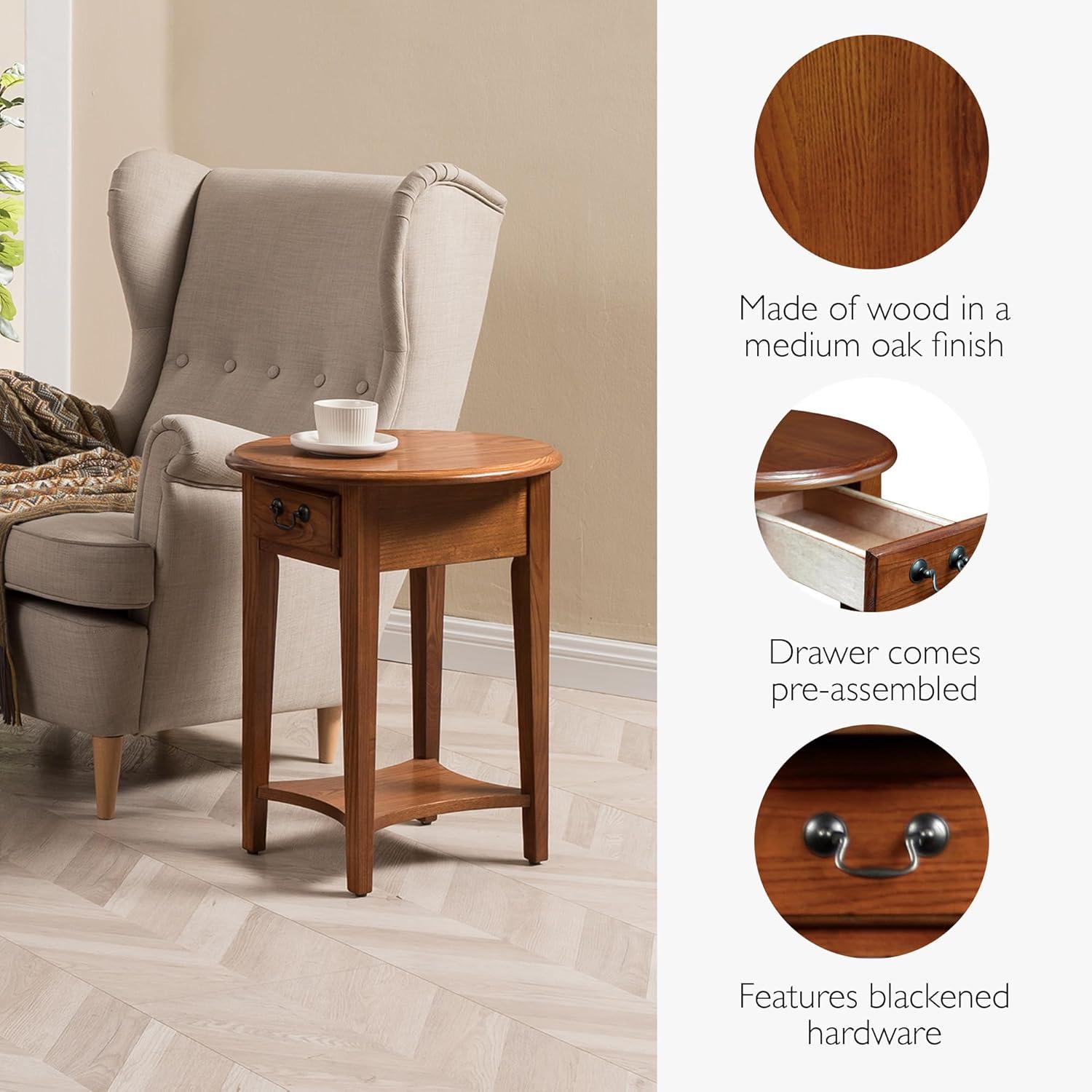 imageHaven Ridge Solid Wood Oval Side Table with Drawer and Shelf Medium Oak Brown Perfect for Living Rooms Bedrooms and Small Spaces Leick Home 9042MEDMedium OakBlack