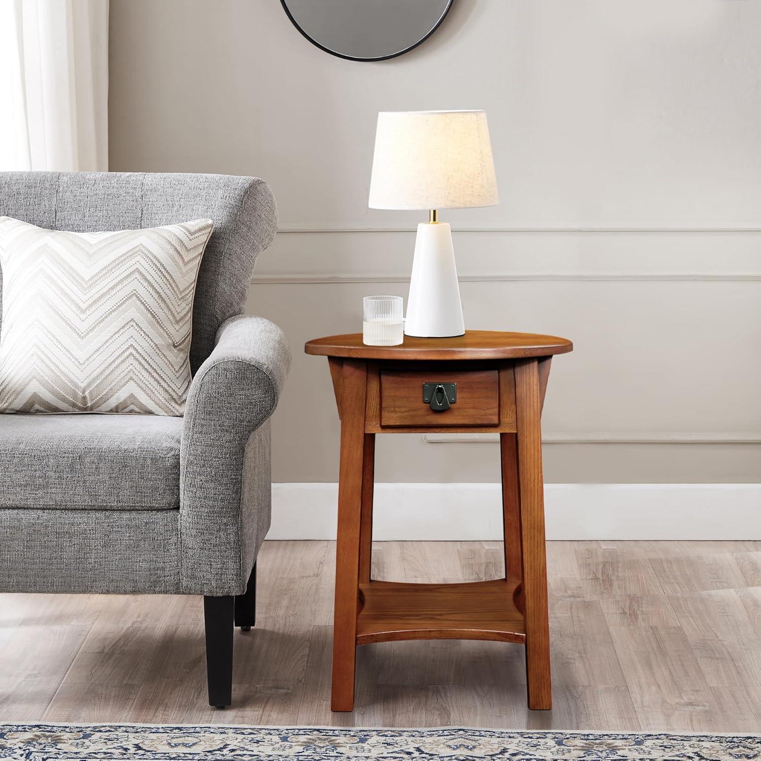 imageHaven Ridge Solid Wood Oval Side Table with Drawer and Shelf Medium Oak Brown Perfect for Living Rooms Bedrooms and Small Spaces Leick Home 9042MEDRusset
