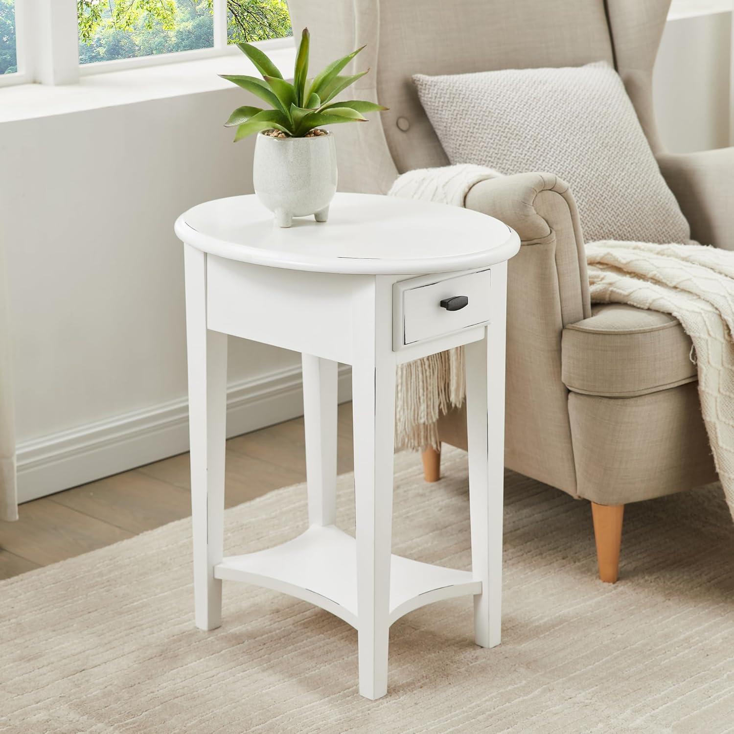 imageHaven Ridge Solid Wood Oval Side Table with Drawer and Shelf Medium Oak Brown Perfect for Living Rooms Bedrooms and Small Spaces Leick Home 9042MEDWhite
