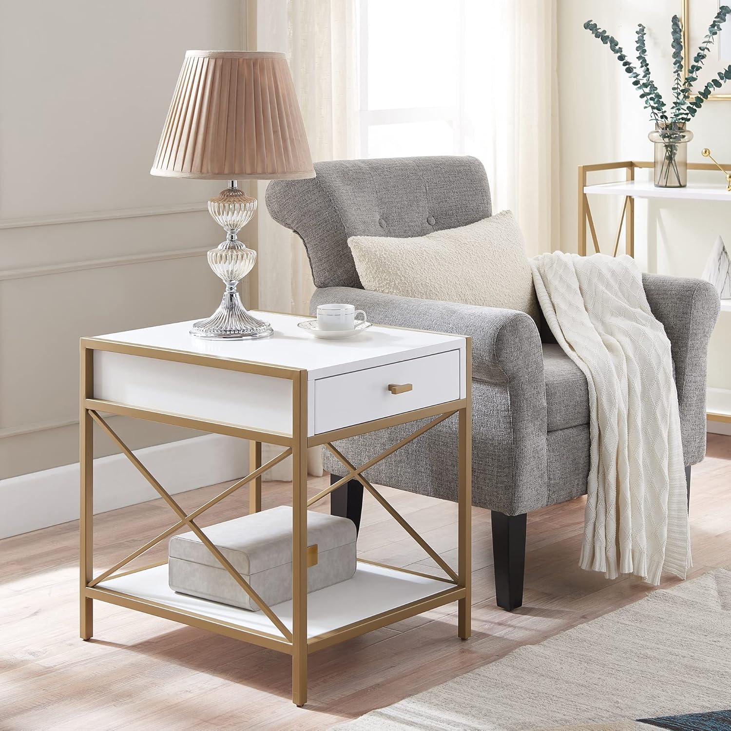 imageHaven Ridge Solid Wood Oval Side Table with Drawer and Shelf Medium Oak Brown Perfect for Living Rooms Bedrooms and Small Spaces Leick Home 9042MEDWhite