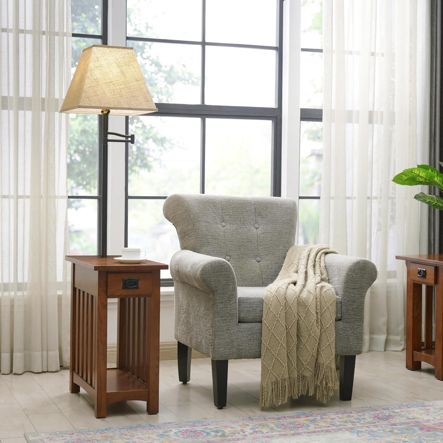 imageHaven Ridge Solid Wood Side Table with BuiltIn Swing Arm Lamp and Drawer Medium Oak Brown Perfect for Entryways Living Rooms and Small Spaces Leick Home 9037MEDMedium Oak Blackened