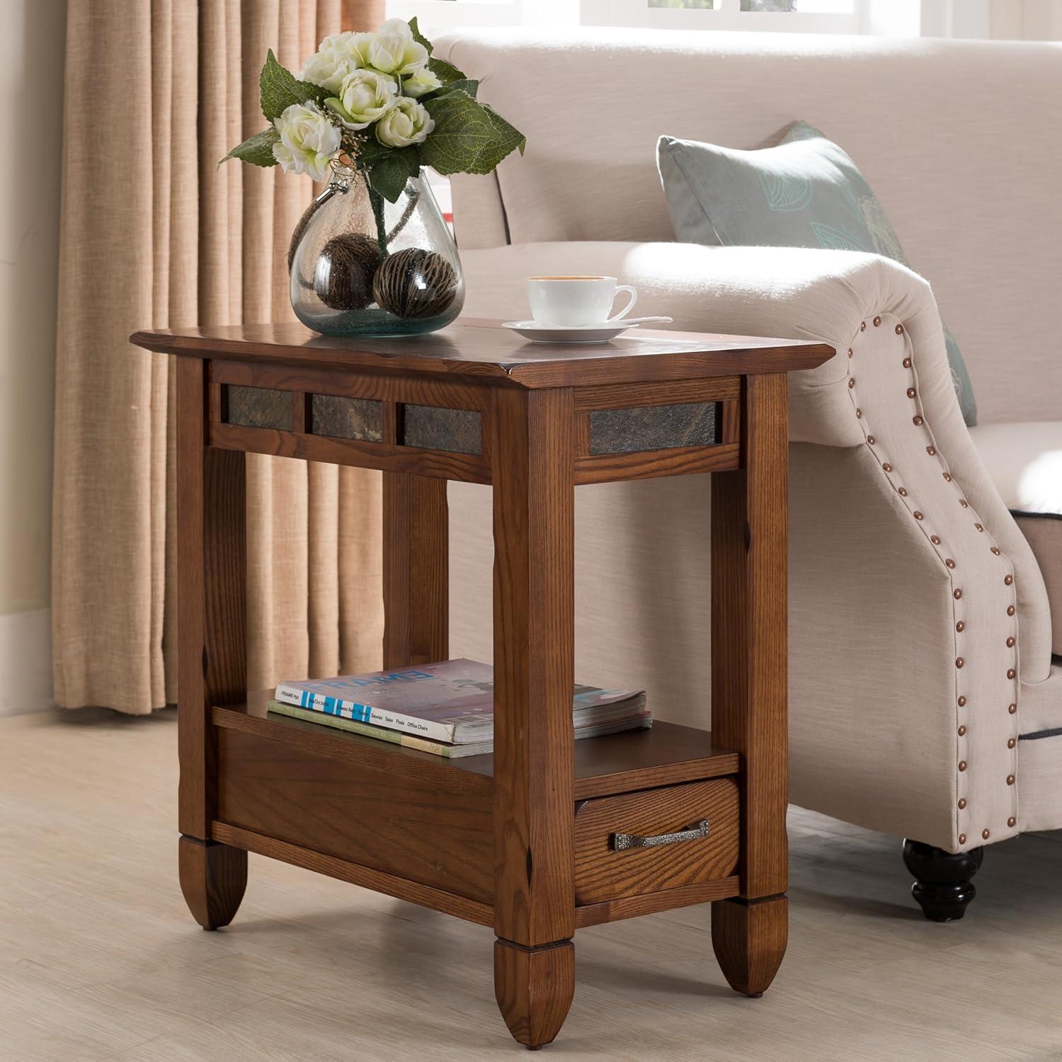 imageHaven Ridge Solid Wood Side Table with BuiltIn Swing Arm Lamp and Drawer Medium Oak Brown Perfect for Entryways Living Rooms and Small Spaces Leick Home 9037MEDRustic Oak