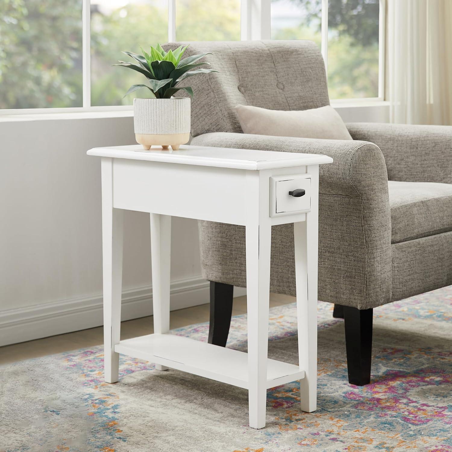 imageHaven Ridge Solid Wood Side Table with BuiltIn Swing Arm Lamp and Drawer Medium Oak Brown Perfect for Entryways Living Rooms and Small Spaces Leick Home 9037MEDWhite