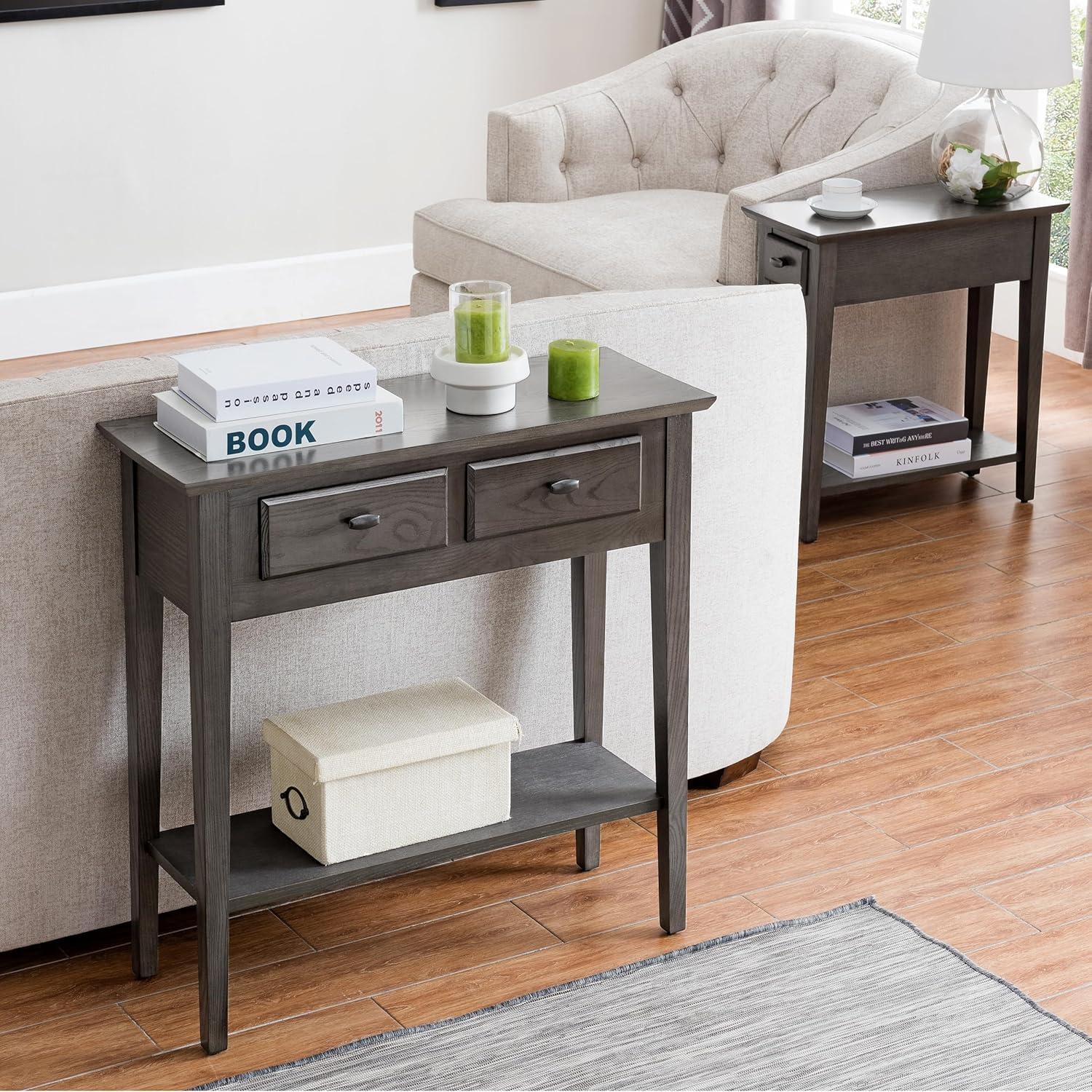 imageHaven Ridge Solid Wood Side Table with BuiltIn Swing Arm Lamp and Drawer Medium Oak Brown Perfect for Entryways Living Rooms and Small Spaces Leick Home 9037MEDSmoke Gray