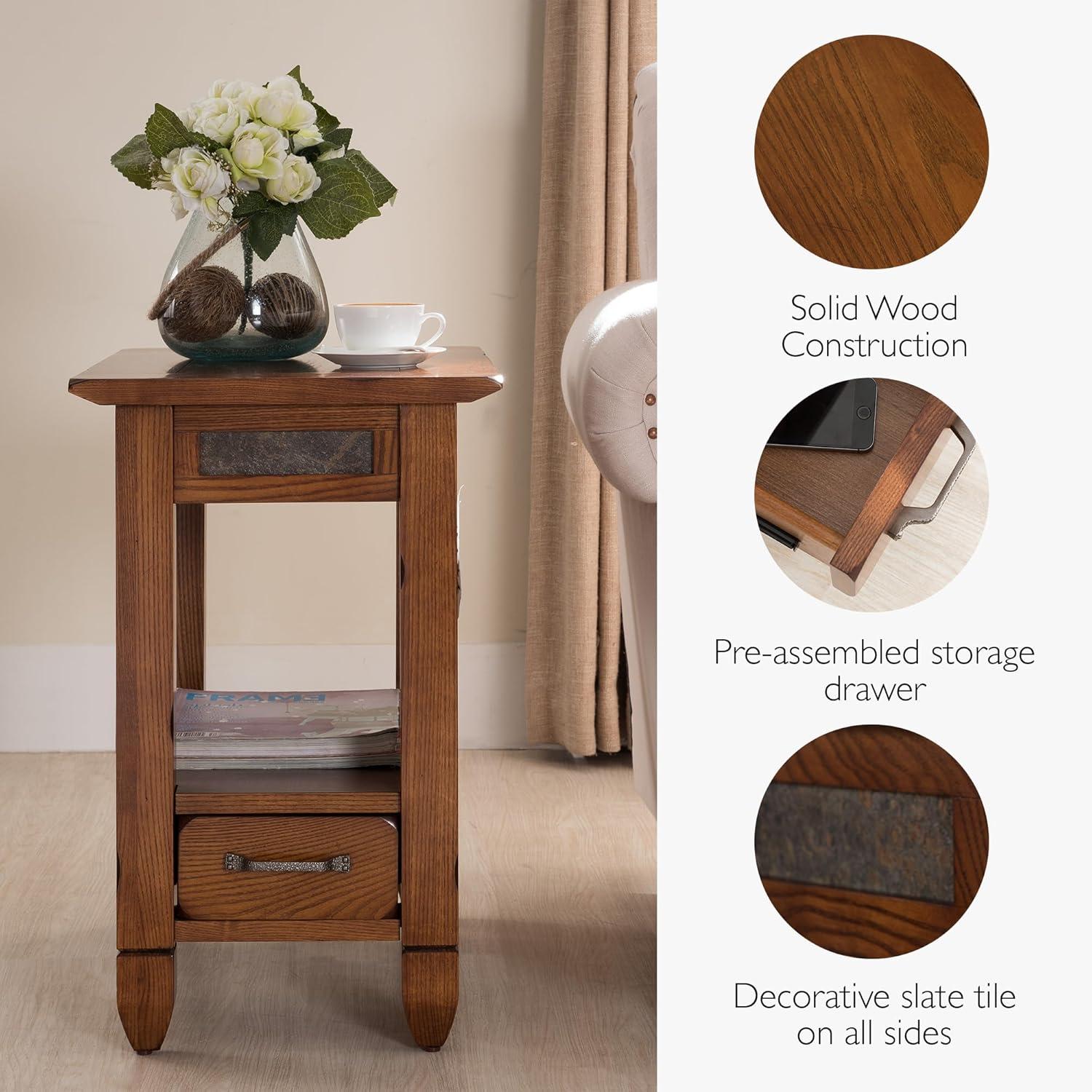 imageHaven Ridge Solid Wood Side Table with BuiltIn Swing Arm Lamp and Drawer Medium Oak Brown Perfect for Entryways Living Rooms and Small Spaces Leick Home 9037MEDRustic Oak