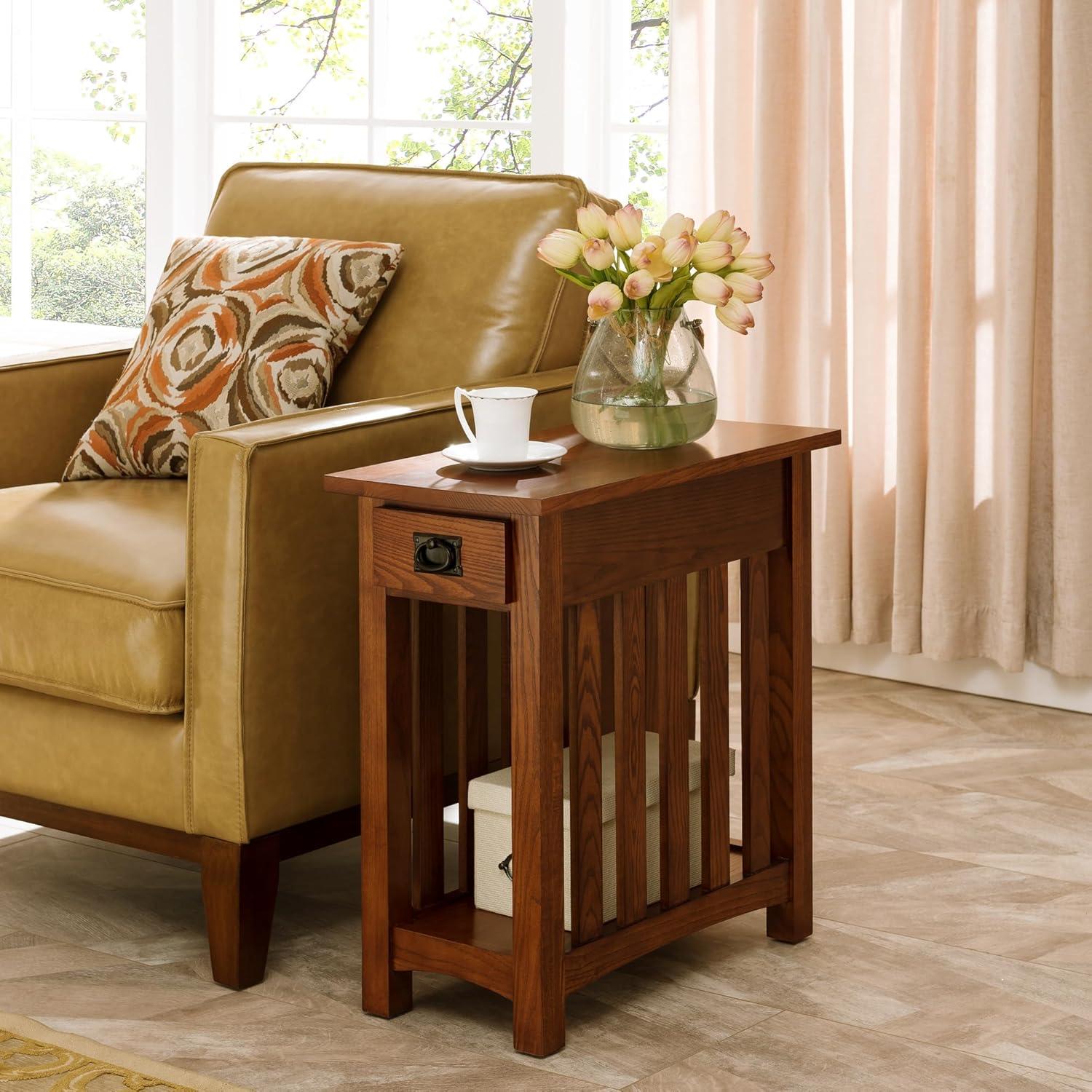 imageHaven Ridge Solid Wood Side Table with BuiltIn Swing Arm Lamp and Drawer Medium Oak Brown Perfect for Entryways Living Rooms and Small Spaces Leick Home 9037MEDMedium Oak Blackened