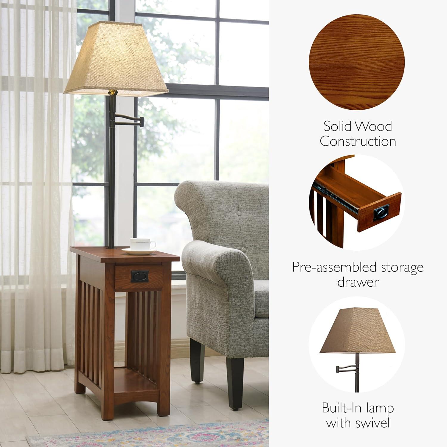 imageHaven Ridge Solid Wood Side Table with BuiltIn Swing Arm Lamp and Drawer Medium Oak Brown Perfect for Entryways Living Rooms and Small Spaces Leick Home 9037MEDMedium Oak Blackened