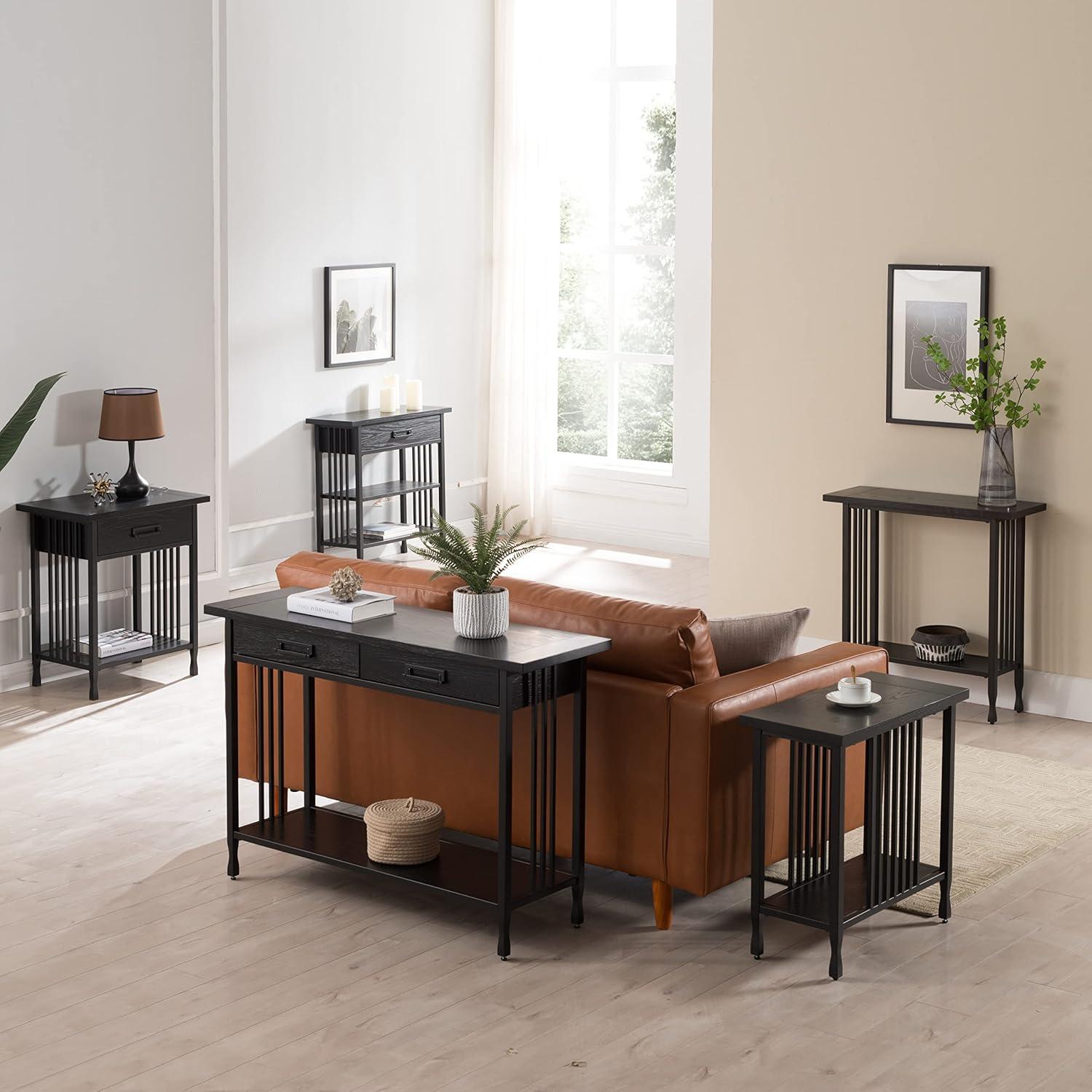imageIroncraft Solid Wood and Metal Console Table with Shelf Mission Oak and Black Perfect for Entryways Hallways and Living Rooms Leick Home 11232Black Wash