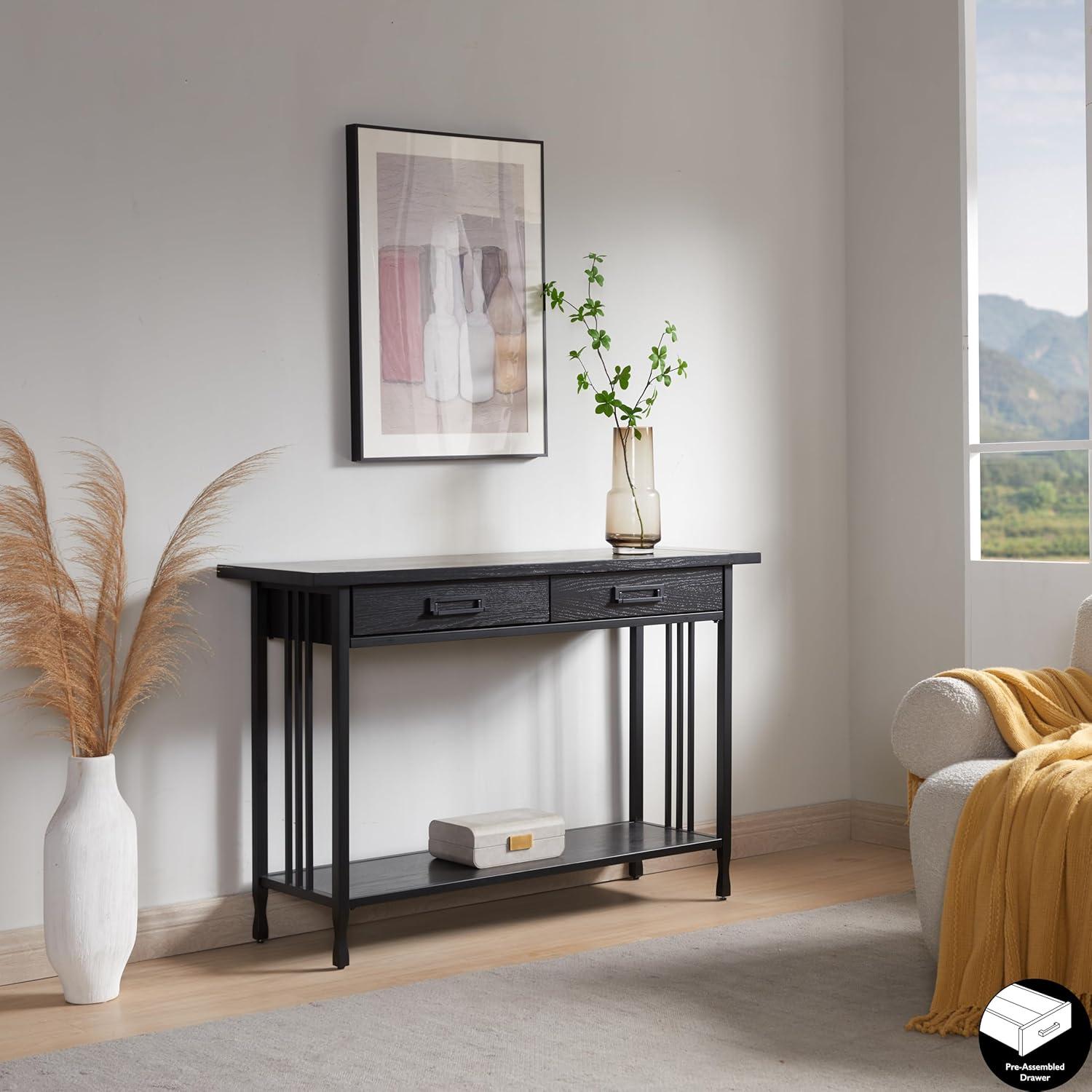 imageIroncraft Solid Wood and Metal Console Table with Shelf Mission Oak and Black Perfect for Entryways Hallways and Living Rooms Leick Home 11232Black Wash