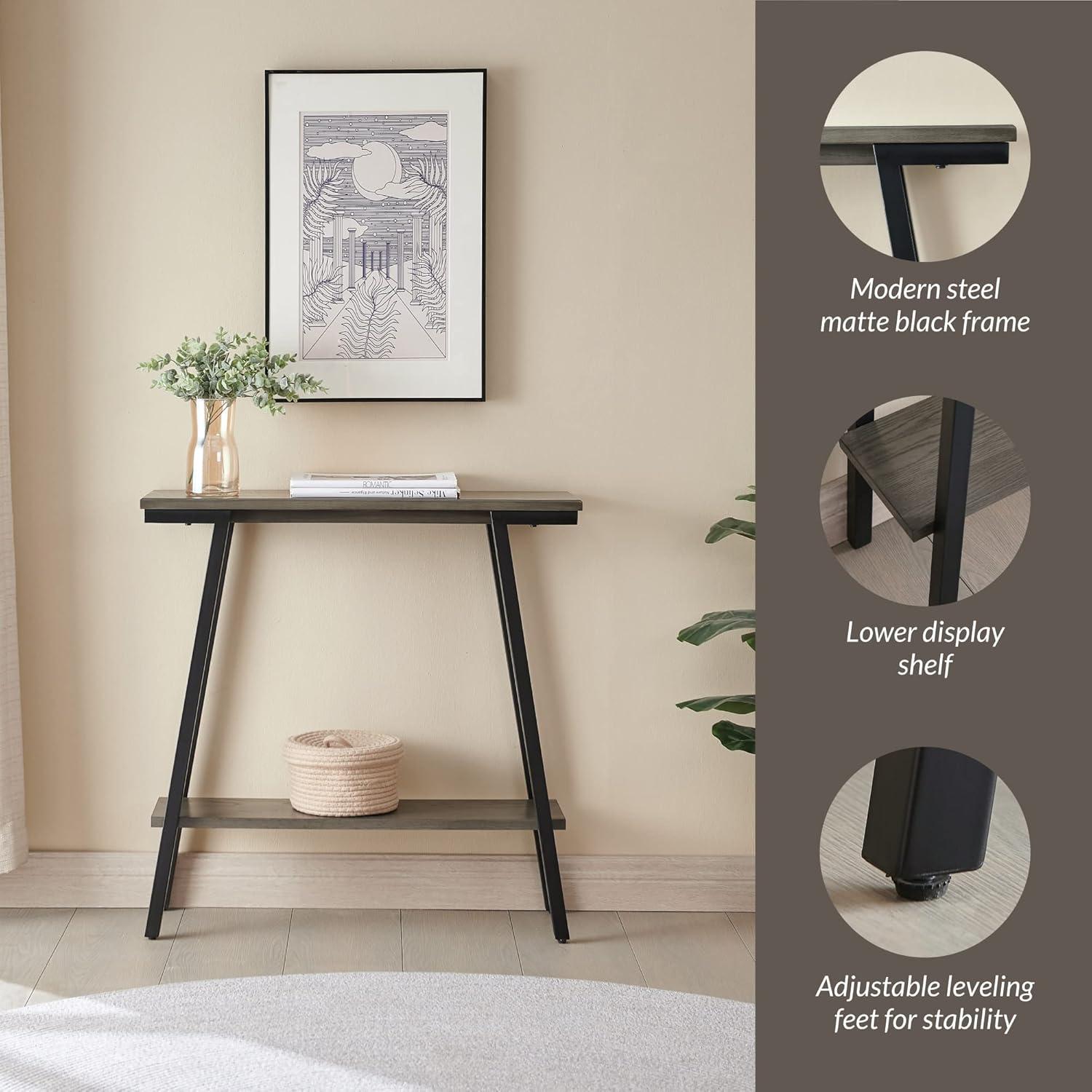 imageIroncraft Solid Wood and Metal Console Table with Shelf Mission Oak and Black Perfect for Entryways Hallways and Living Rooms Leick Home 11232Grey