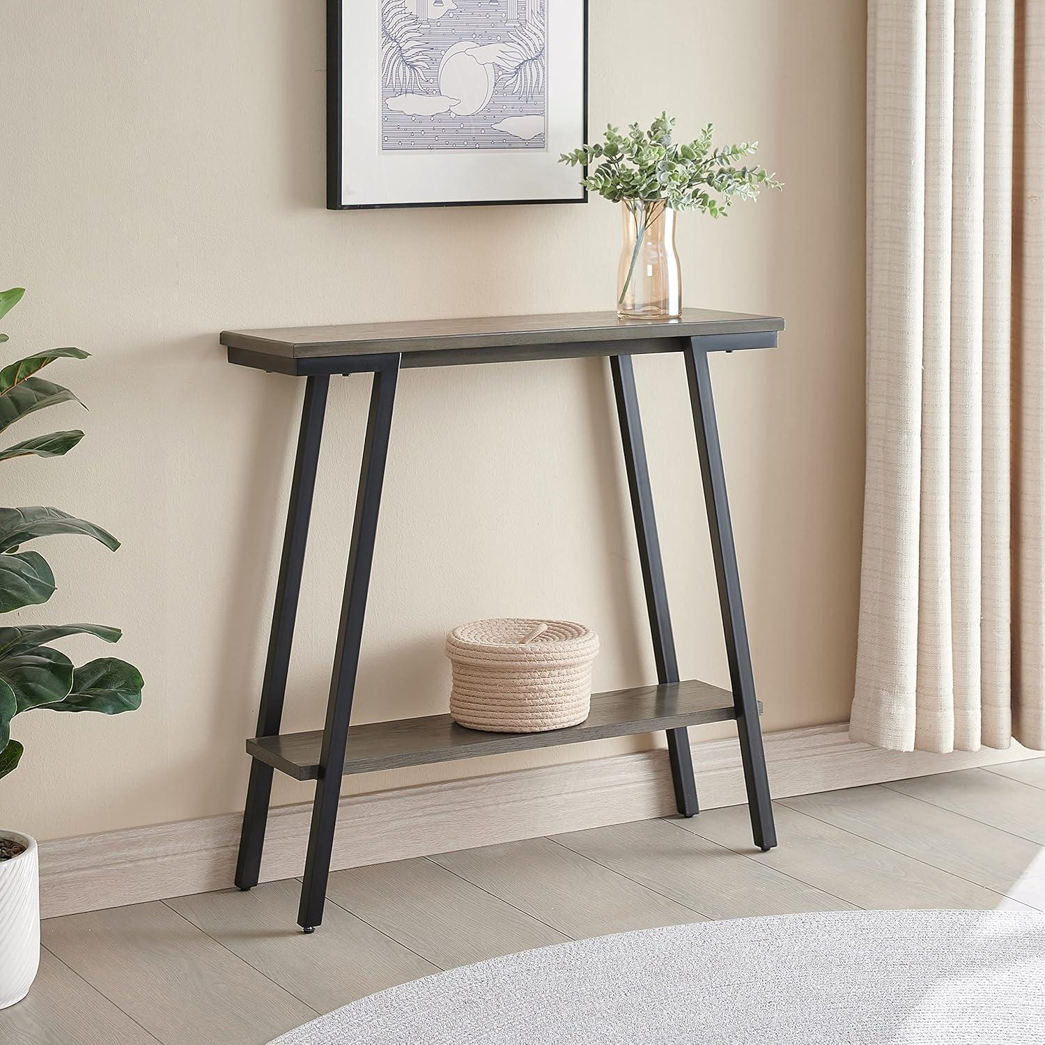 imageIroncraft Solid Wood and Metal Console Table with Shelf Mission Oak and Black Perfect for Entryways Hallways and Living Rooms Leick Home 11232Grey