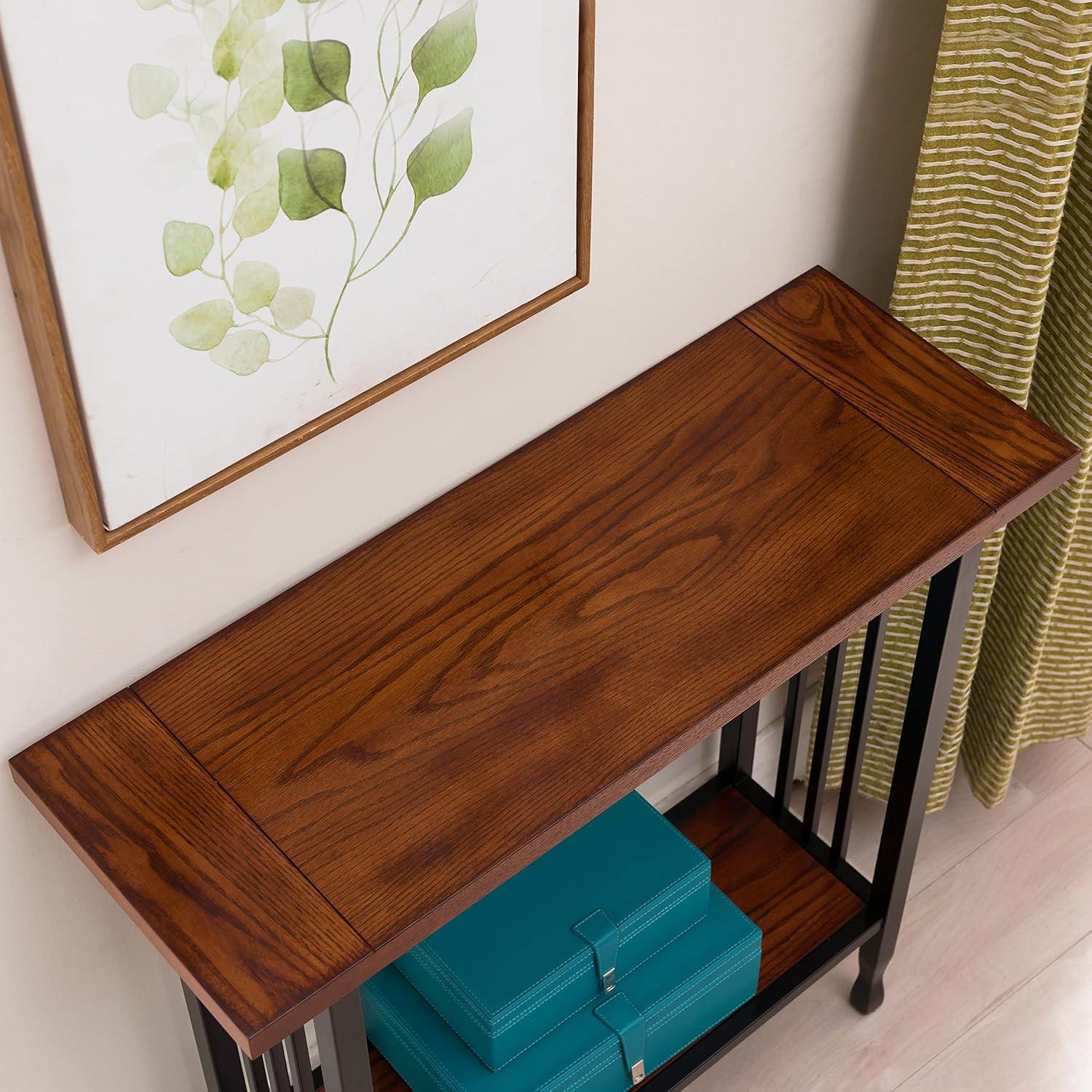 imageIroncraft Solid Wood and Metal Console Table with Shelf Mission Oak and Black Perfect for Entryways Hallways and Living Rooms Leick Home 11232Mission Oak