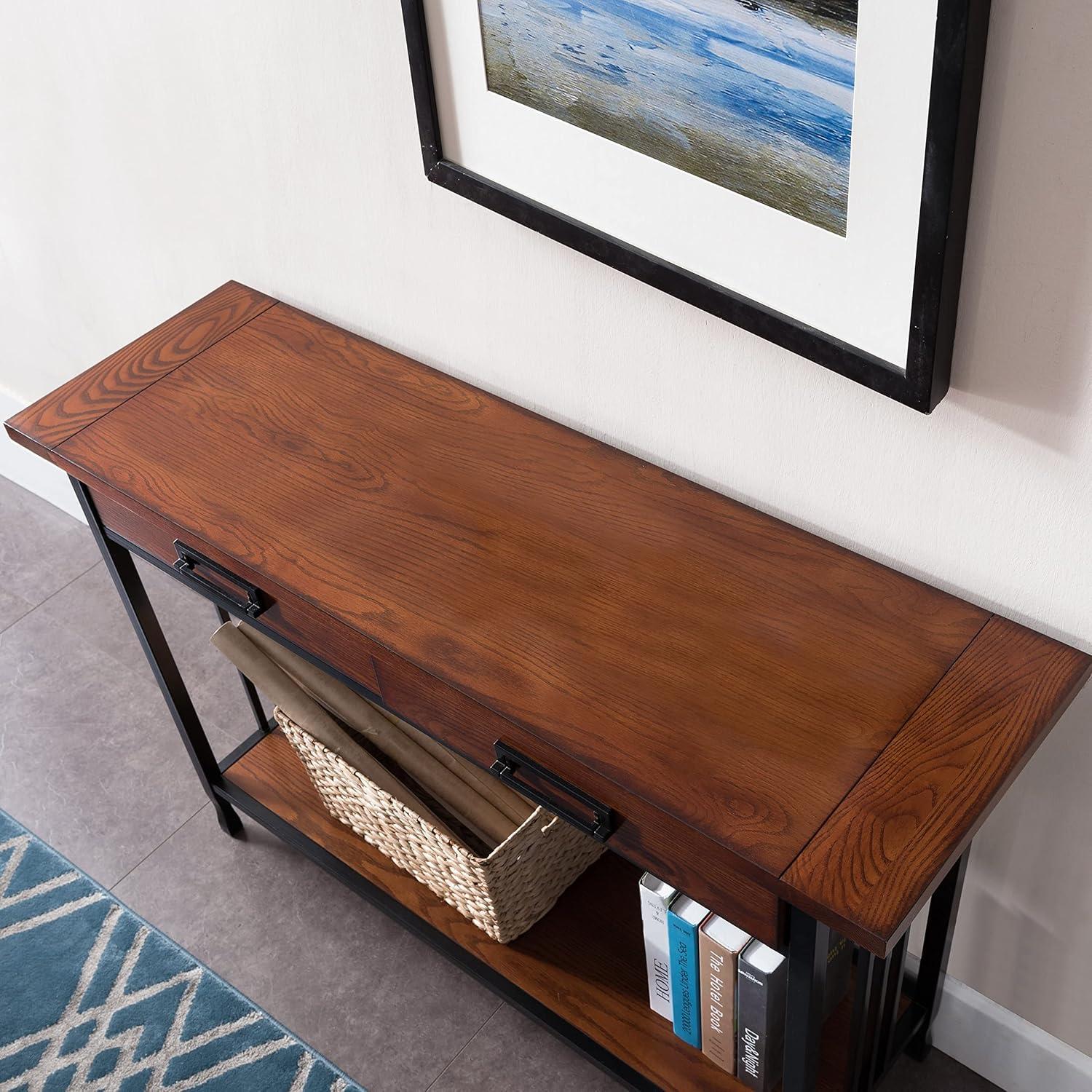 imageIroncraft Solid Wood and Metal Console Table with Shelf Mission Oak and Black Perfect for Entryways Hallways and Living Rooms Leick Home 11232Mission Oak