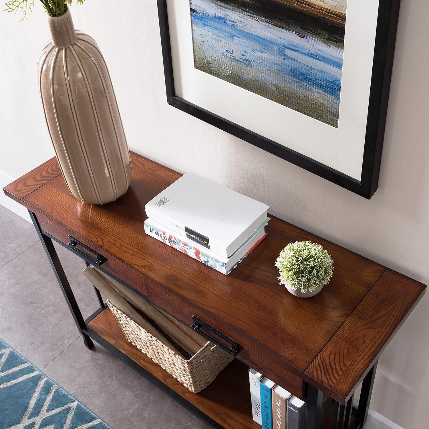 imageIroncraft Solid Wood and Metal Console Table with Shelf Mission Oak and Black Perfect for Entryways Hallways and Living Rooms Leick Home 11232Mission Oak