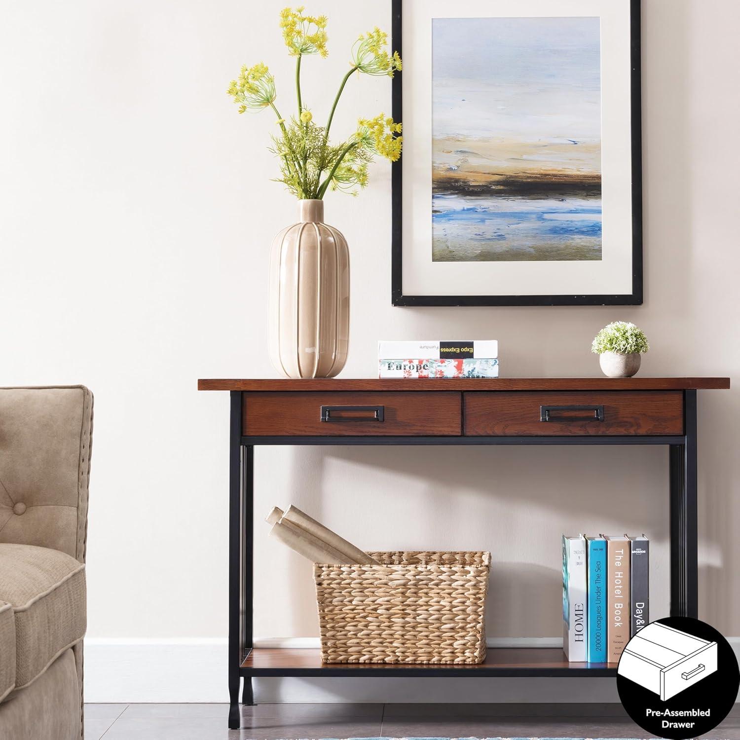 imageIroncraft Solid Wood and Metal Console Table with Shelf Mission Oak and Black Perfect for Entryways Hallways and Living Rooms Leick Home 11232Mission Oak