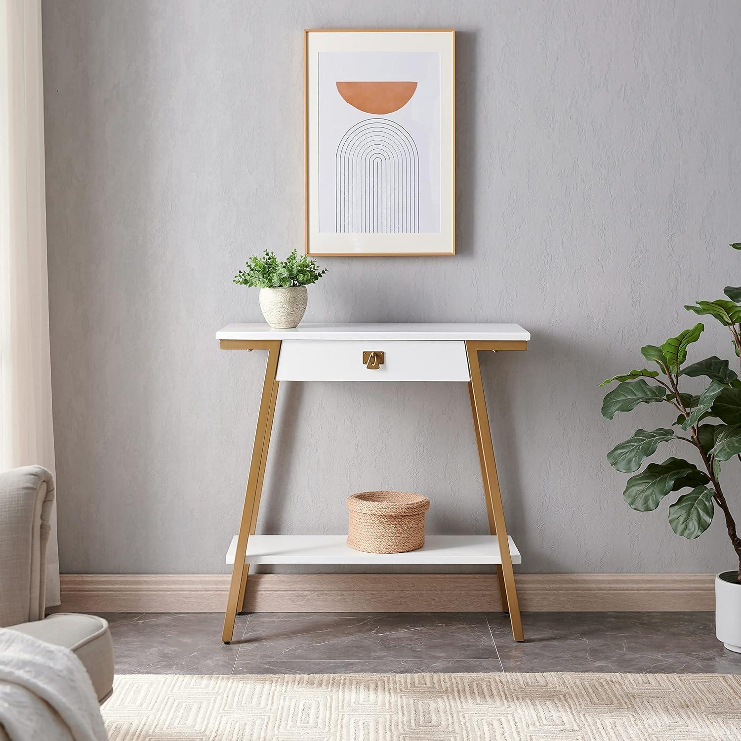imageIroncraft Solid Wood and Metal Console Table with Shelf Mission Oak and Black Perfect for Entryways Hallways and Living Rooms Leick Home 11232White