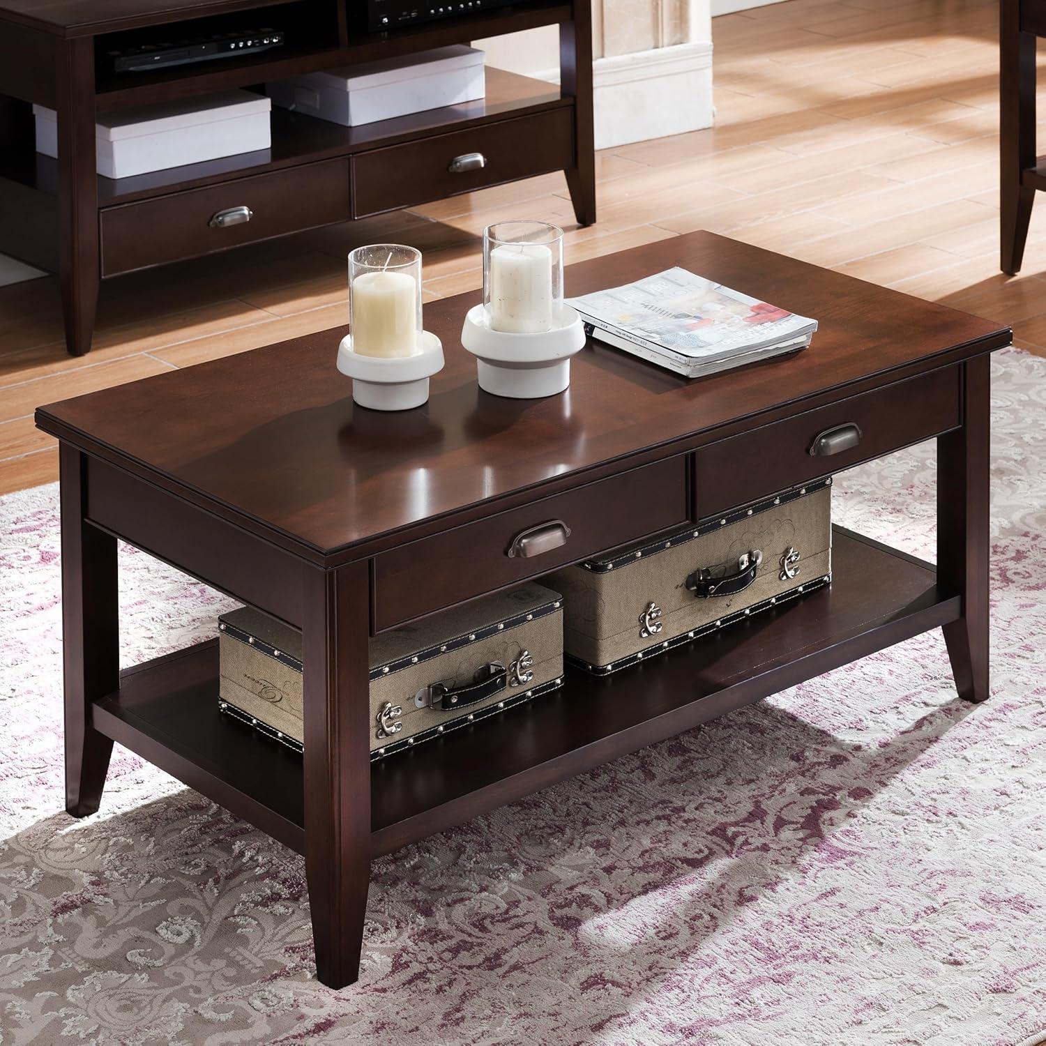 imageLeick Home 10055RS Mission Coffee Table for Living Room Two Drawers and Shelf Made with Solid Wood Russet FinishChocolate Cherry Pewter