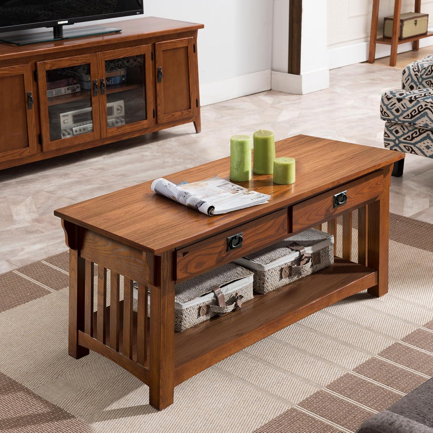 imageLeick Home 10055RS Mission Coffee Table for Living Room Two Drawers and Shelf Made with Solid Wood Russet FinishMedium Oak Blackened
