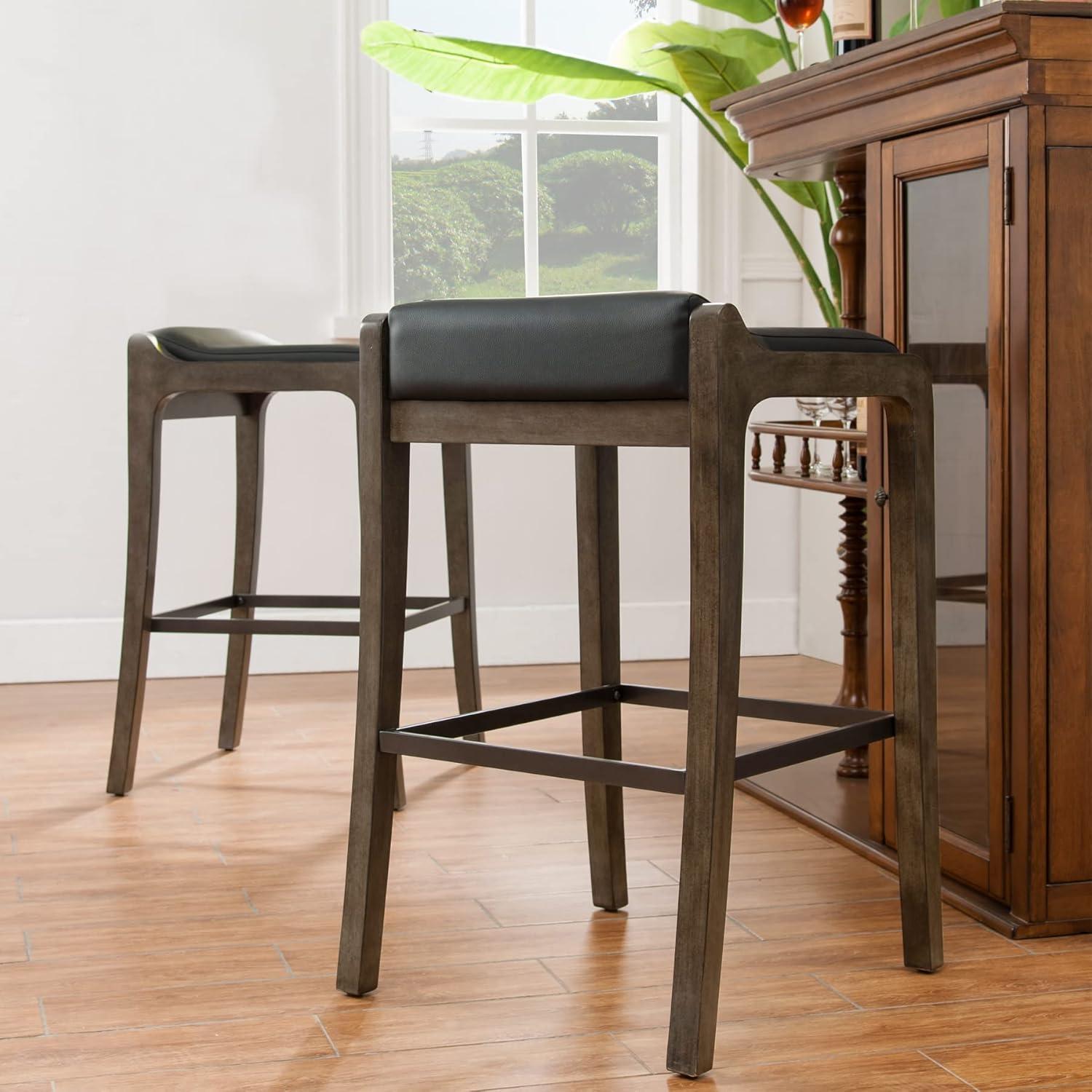 imageLeick Home 10086BBHG Upholstered Back Counter Height Stool with Wood Base Set of 2 for Kitchen Counters and Islands Blackbean and Gray WashHeather GrayBlack