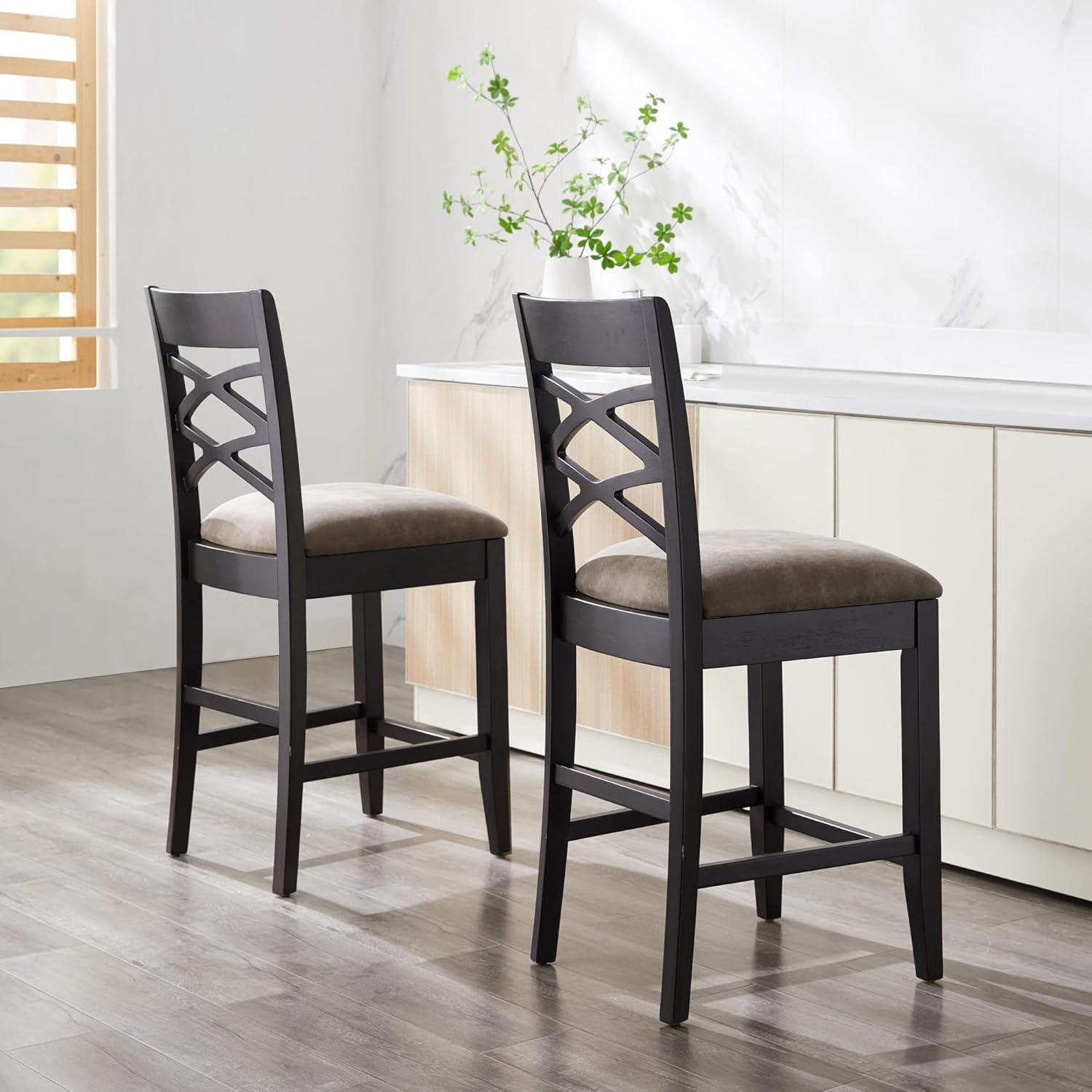 imageLeick Home 10086BBHG Upholstered Back Counter Height Stool with Wood Base Set of 2 for Kitchen Counters and Islands Blackbean and Gray WashHeather GrayDapple Gray