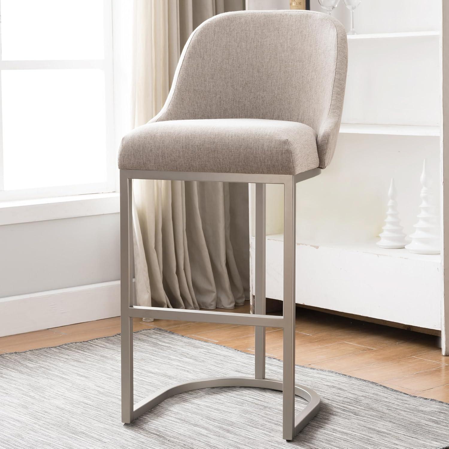 imageLeick Home 10133PWOL Barrelback Bar Stool with Metal Base Set of 2 for Elevated Kitchen Counters High Top Tables and Bars Modern Oatmeal Linen Seat and Pewter Metal Base