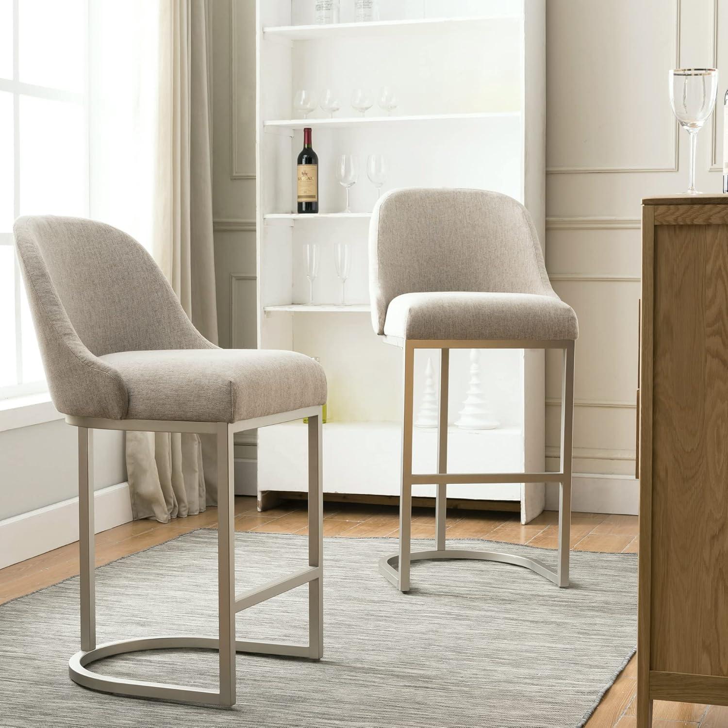 imageLeick Home 10133PWOL Barrelback Bar Stool with Metal Base Set of 2 for Elevated Kitchen Counters High Top Tables and Bars Modern Oatmeal Linen Seat and Pewter Metal Base