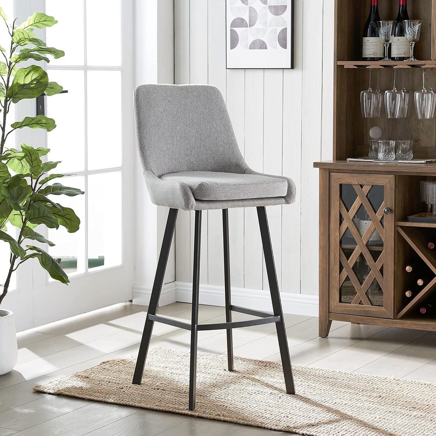 imageLeick Home 10145BLGL Upholstered Back Bar Stool Height with Steel Base Set of 2 for Elevated Kitchen Counters High Top Tables and Bars GrayBlackGray Linen Matte Black