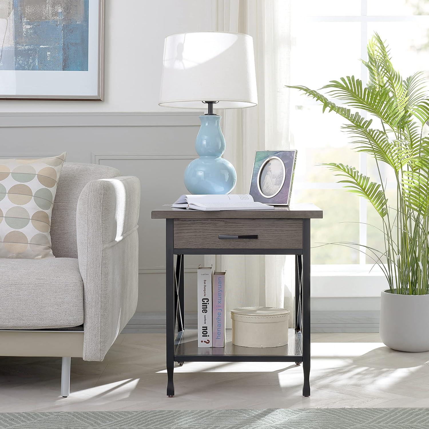imageLeick Home 10907 Slatestone One Drawer Rustic Oak End Table Distressed Rustic OakSmoke Gray