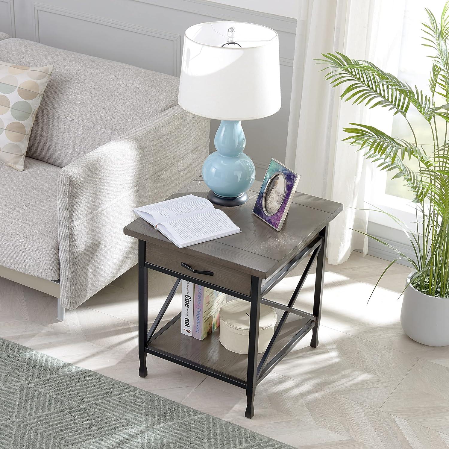 imageLeick Home 10907 Slatestone One Drawer Rustic Oak End Table Distressed Rustic OakSmoke Gray