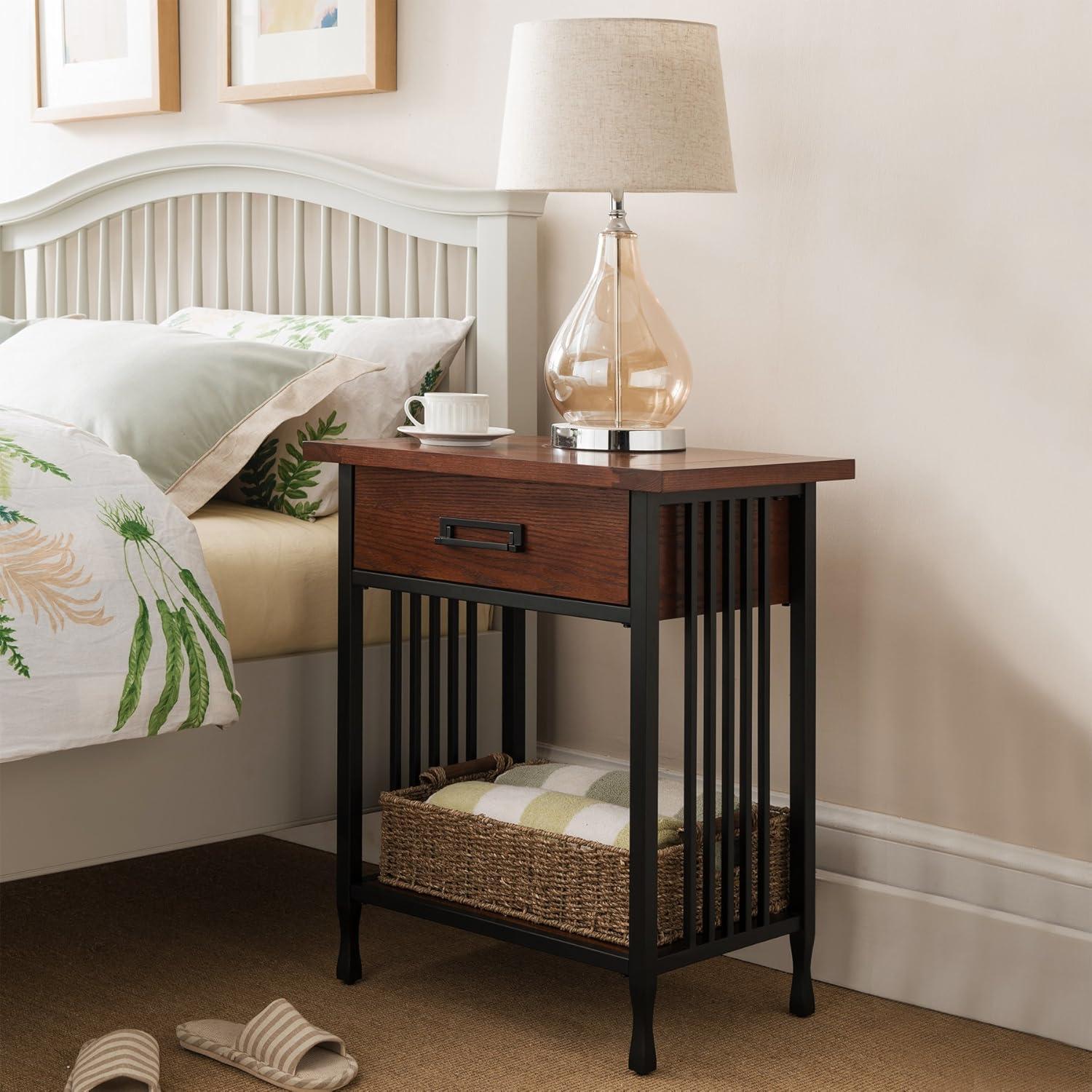 imageLeick Home 11222 Ironcraft Solid Wood Nightstand with Drawer and Shelf Mission Oak Brown and Black Metal Perfect for Bedrooms Living Rooms and Small SpacesMission Oak