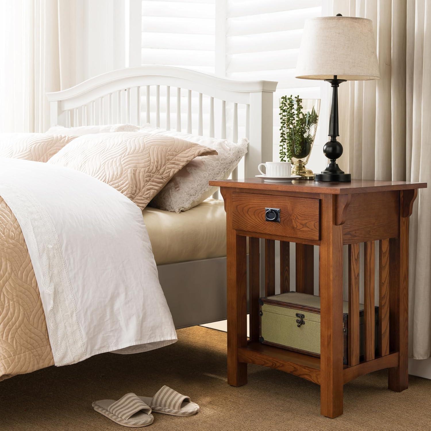 imageLeick Home 11222 Ironcraft Solid Wood Nightstand with Drawer and Shelf Mission Oak Brown and Black Metal Perfect for Bedrooms Living Rooms and Small SpacesMedium Oak Blackened