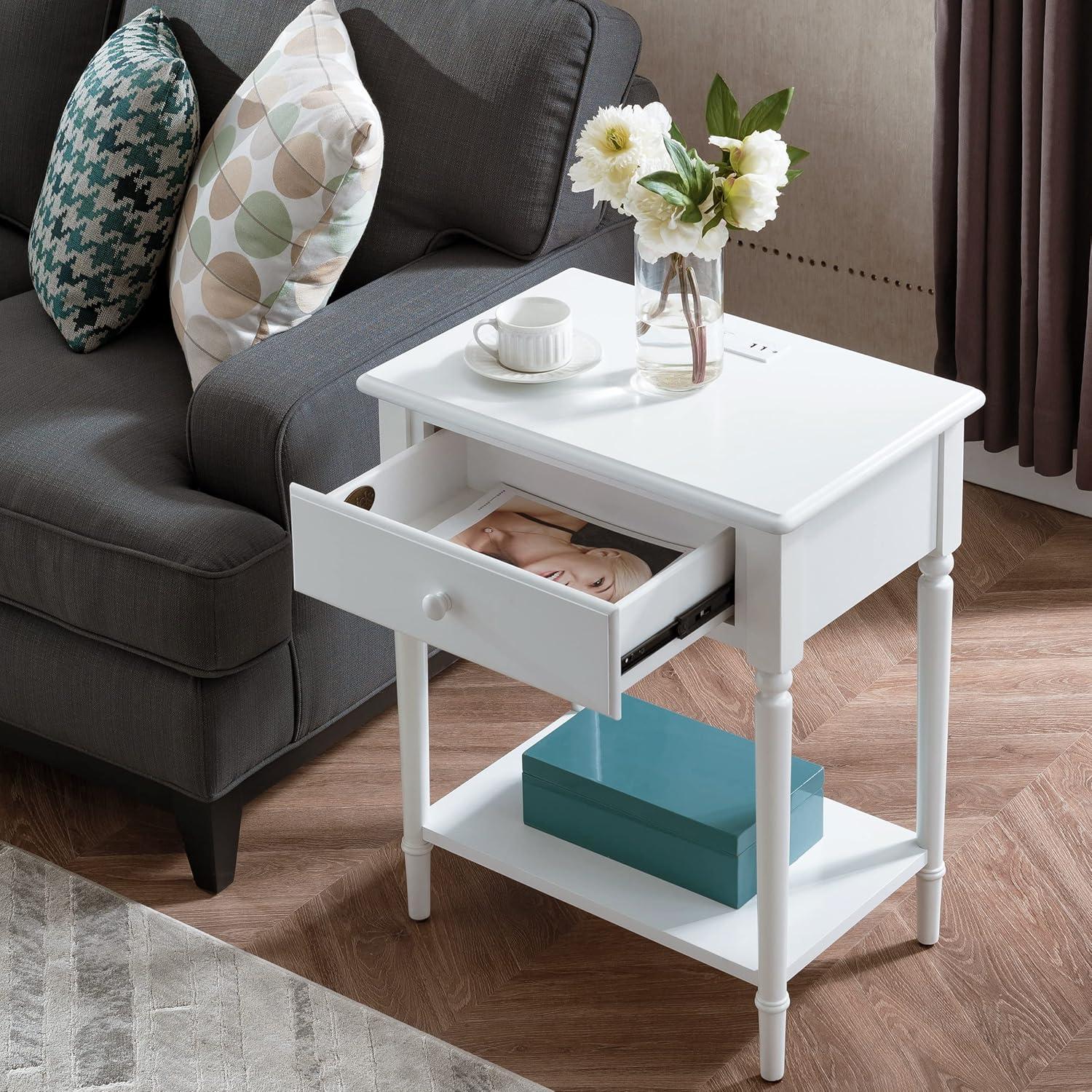 imageLeick Home 11222 Ironcraft Solid Wood Nightstand with Drawer and Shelf Mission Oak Brown and Black Metal Perfect for Bedrooms Living Rooms and Small SpacesOrchid White