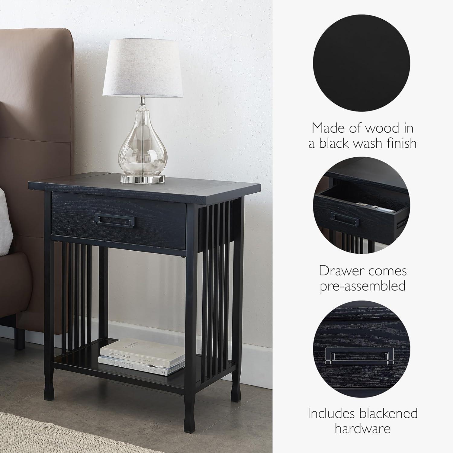 imageLeick Home 11222 Ironcraft Solid Wood Nightstand with Drawer and Shelf Mission Oak Brown and Black Metal Perfect for Bedrooms Living Rooms and Small SpacesBlack Wash