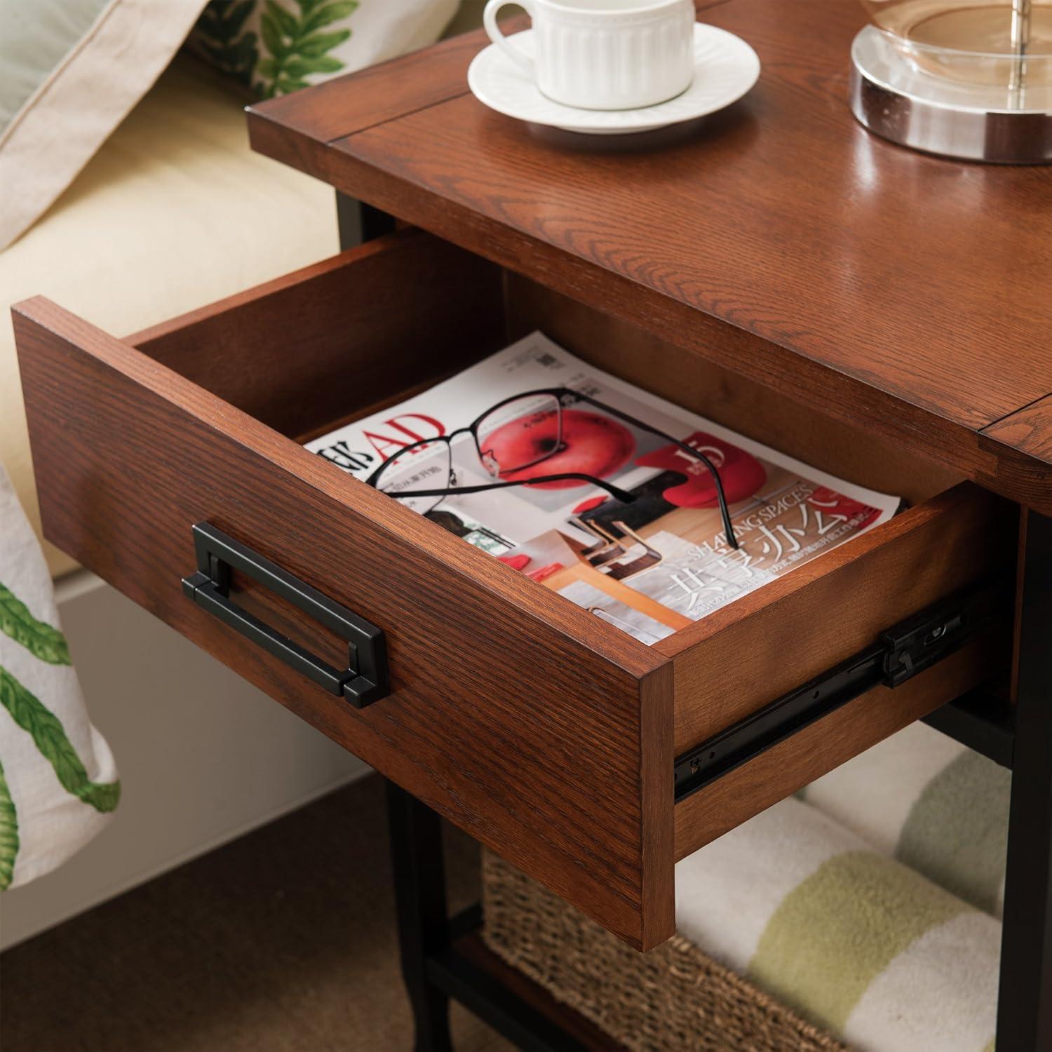 imageLeick Home 11222 Ironcraft Solid Wood Nightstand with Drawer and Shelf Mission Oak Brown and Black Metal Perfect for Bedrooms Living Rooms and Small SpacesMission Oak