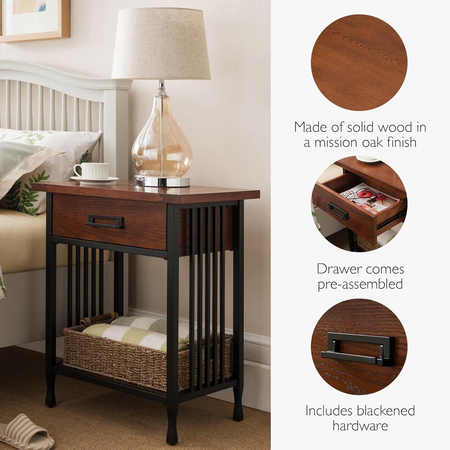 imageLeick Home 11222 Ironcraft Solid Wood Nightstand with Drawer and Shelf Mission Oak Brown and Black Metal Perfect for Bedrooms Living Rooms and Small SpacesMission Oak