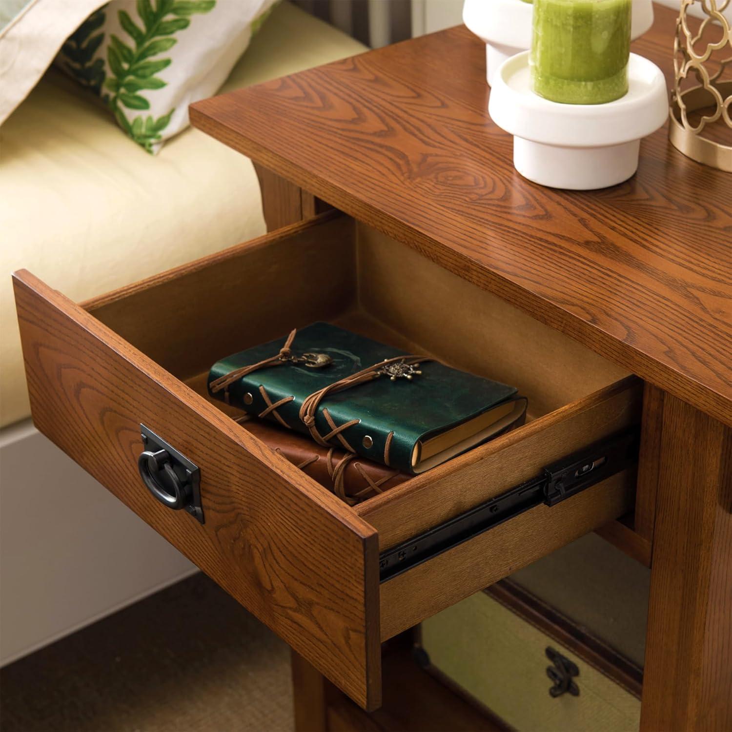 imageLeick Home 11222 Ironcraft Solid Wood Nightstand with Drawer and Shelf Mission Oak Brown and Black Metal Perfect for Bedrooms Living Rooms and Small SpacesMedium Oak Blackened