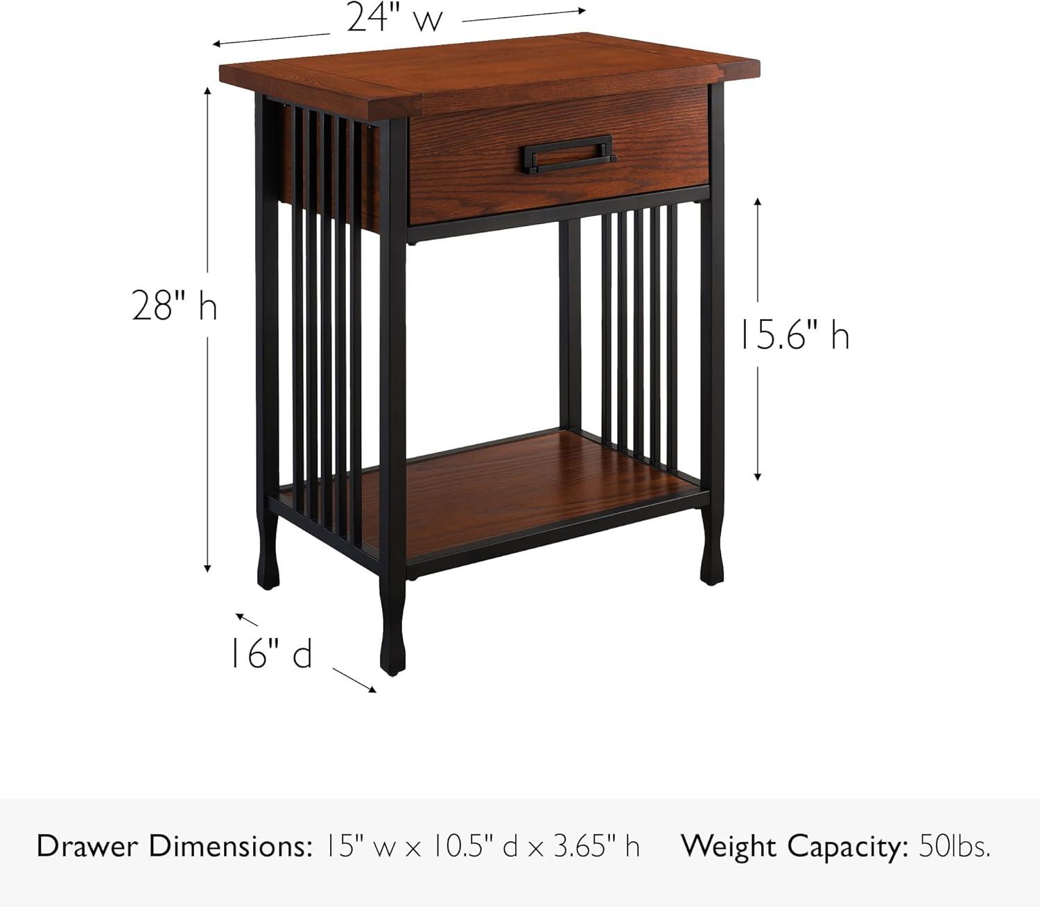 imageLeick Home 11222 Ironcraft Solid Wood Nightstand with Drawer and Shelf Mission Oak Brown and Black Metal Perfect for Bedrooms Living Rooms and Small SpacesMission Oak