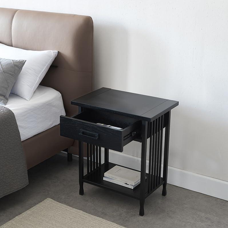 imageLeick Home 11222 Ironcraft Solid Wood Nightstand with Drawer and Shelf Mission Oak Brown and Black Metal Perfect for Bedrooms Living Rooms and Small SpacesBlack Wash