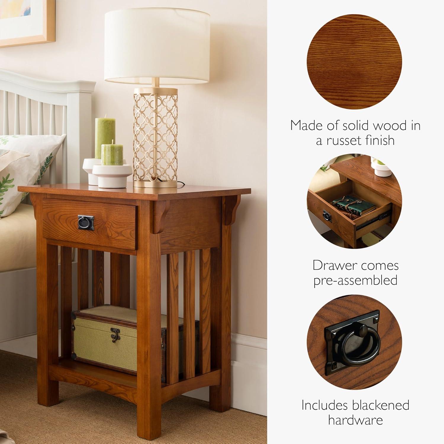 imageLeick Home 11222 Ironcraft Solid Wood Nightstand with Drawer and Shelf Mission Oak Brown and Black Metal Perfect for Bedrooms Living Rooms and Small SpacesMedium Oak Blackened