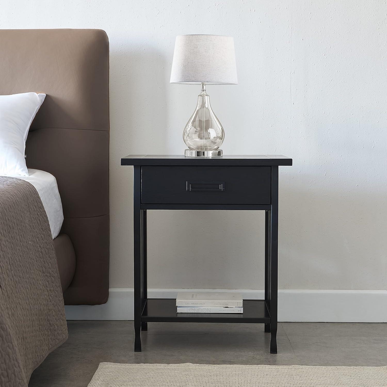 imageLeick Home 11222 Ironcraft Solid Wood Nightstand with Drawer and Shelf Mission Oak Brown and Black Metal Perfect for Bedrooms Living Rooms and Small SpacesBlack Wash