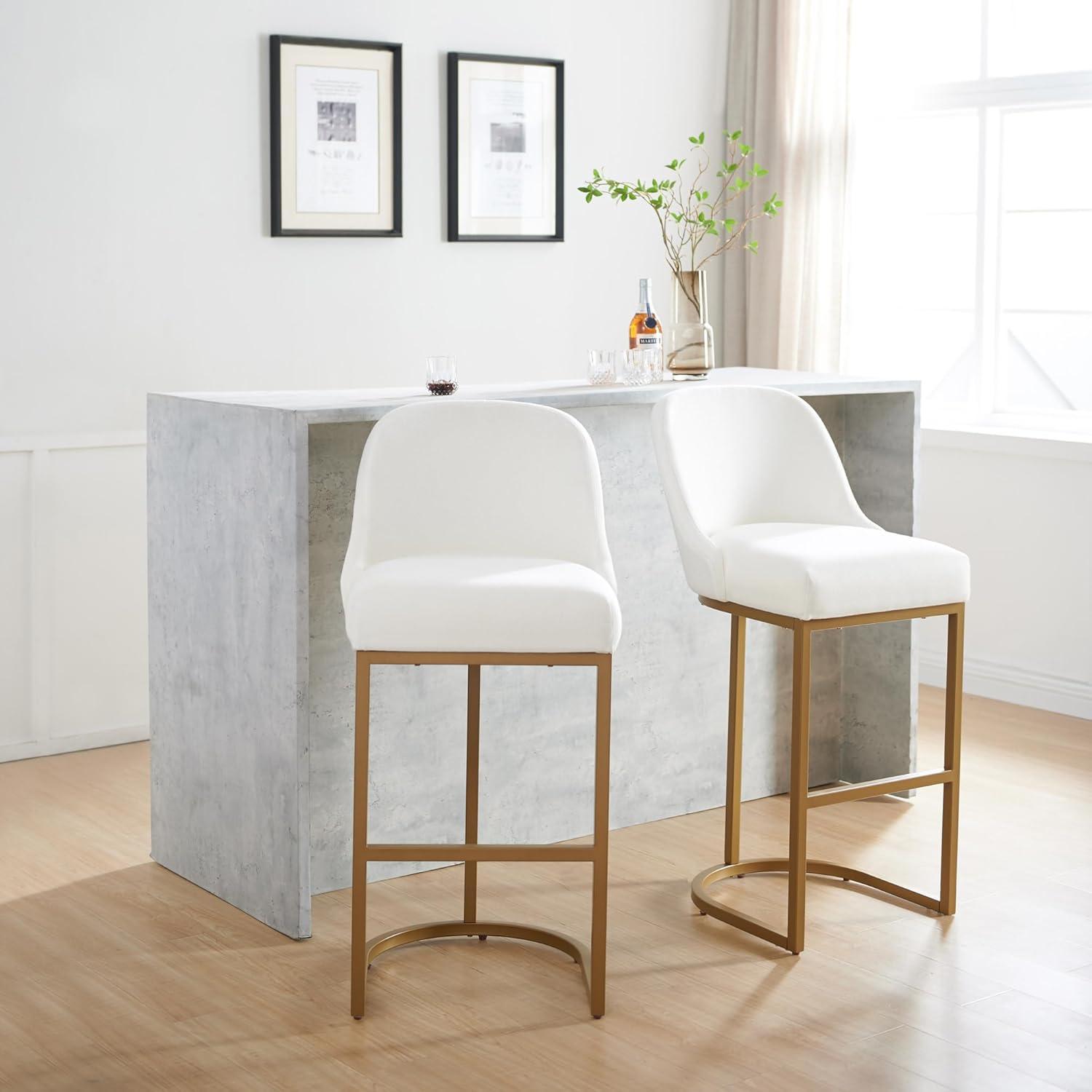 imageLeick Home 214403 Barrelback Bar Stool with Metal Base Set of 2 for Elevated Kitchen Counters High Top Tables and Bars Modern White Linen Seat and Gold Metal Base