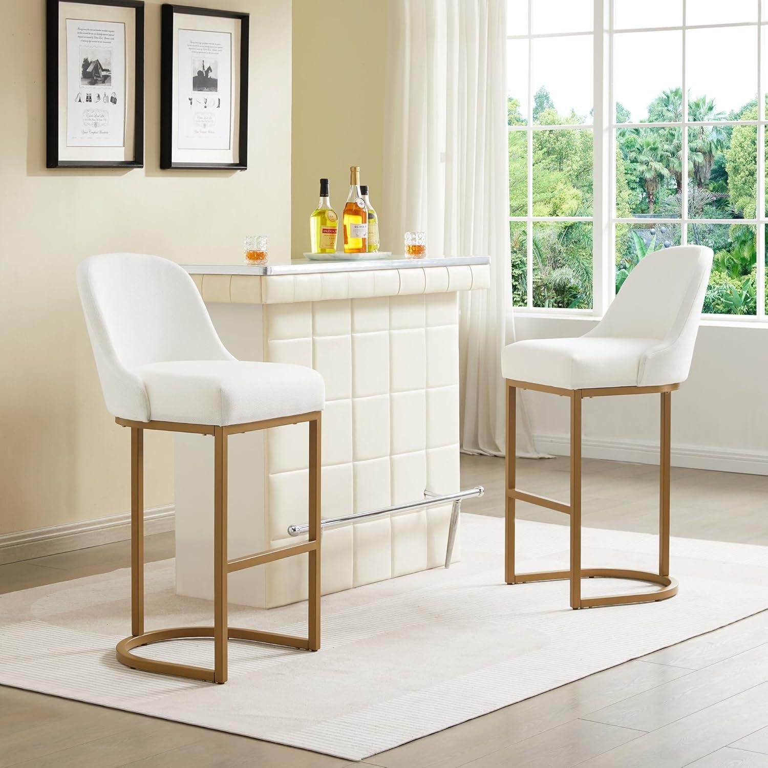 imageLeick Home 214403 Barrelback Bar Stool with Metal Base Set of 2 for Elevated Kitchen Counters High Top Tables and Bars Modern White Linen Seat and Gold Metal Base