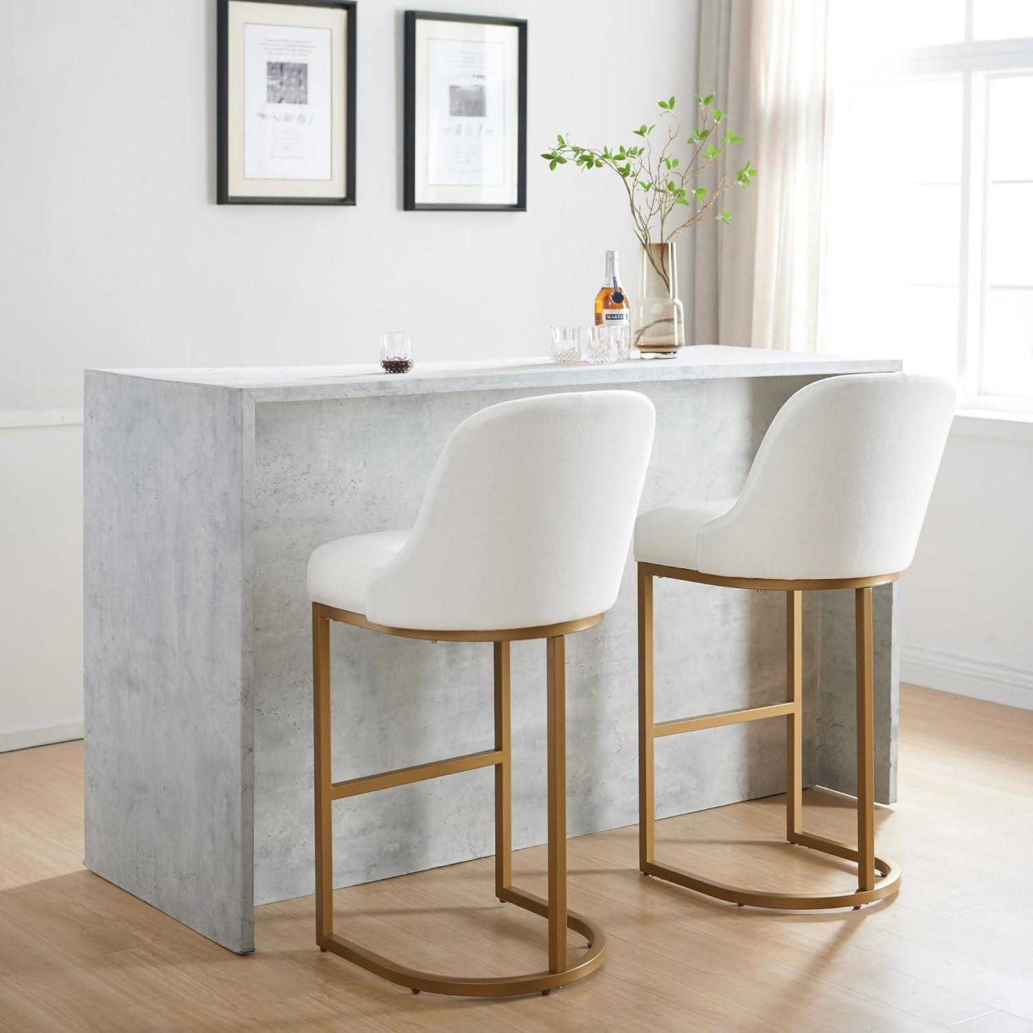 imageLeick Home 214403 Barrelback Bar Stool with Metal Base Set of 2 for Elevated Kitchen Counters High Top Tables and Bars Modern White Linen Seat and Gold Metal Base