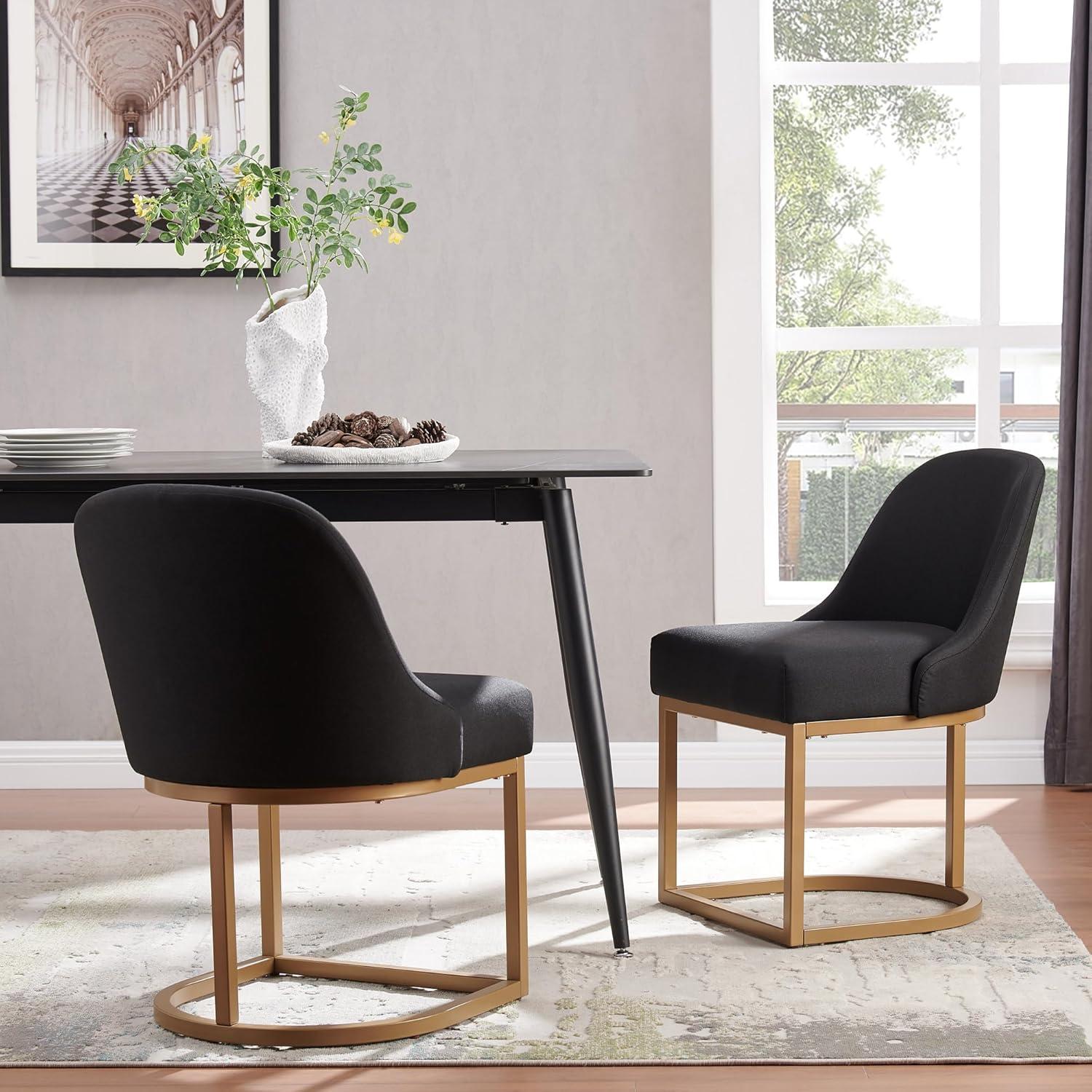 imageLeick Home 214536 Barrelback Dining Chair with Metal Base Set of 2 for Dining Room Modern Black Linen Seat and Gold Metal Base