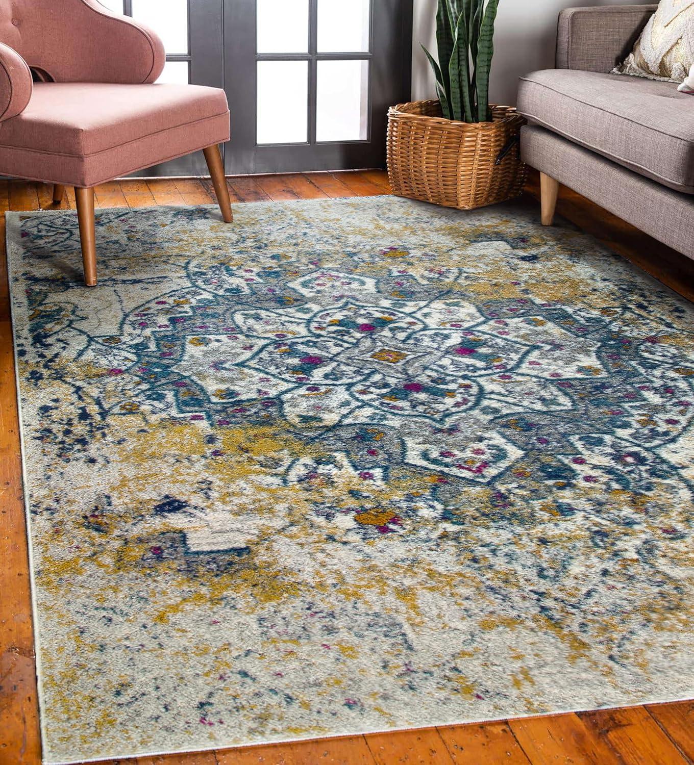 imageLeick Home 596353 Allerick Runner Vintage Monochromatic Abstract Gray Living Room Bedroom Dining Room Area Rug Runner 22 x 10NavyGold