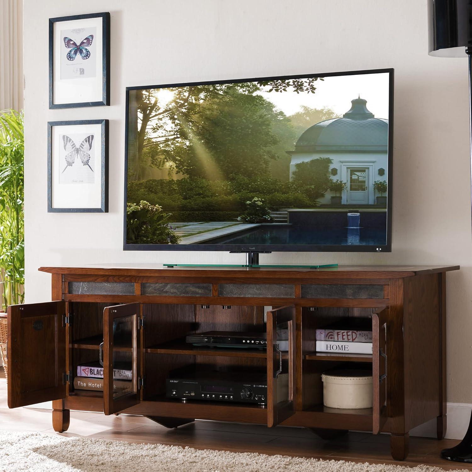 imageLeick Home 84360 Ender Mixed Metal and Wood TV Stand for 65 TVs Smoke and Gunmetal GrayDistressed Rustic Autumn