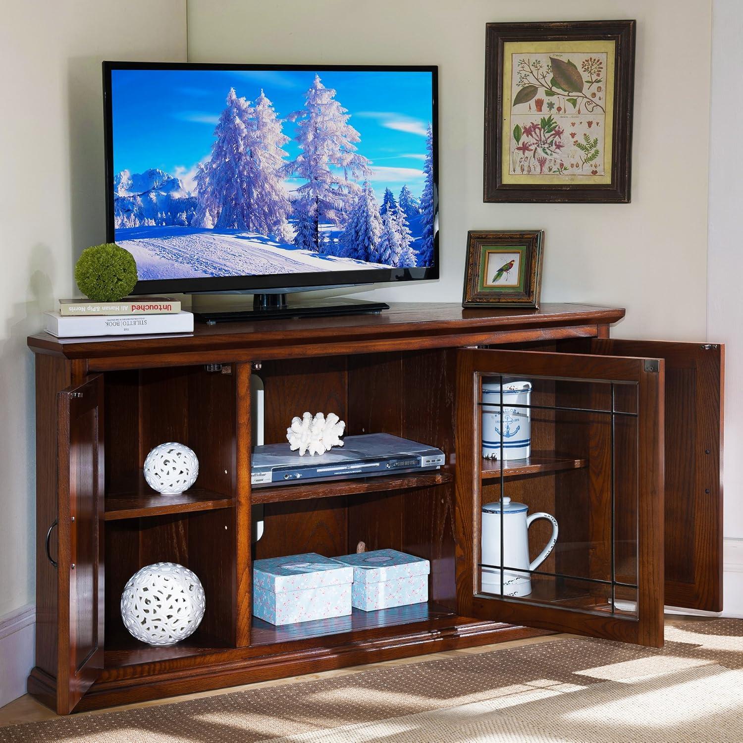imageLeick Home 84388 Two Door Corner TV Stand with Open Center Storage and Metal Base for 62 TVs Smoke Gray WashPewterGreyBurnished Oak Black